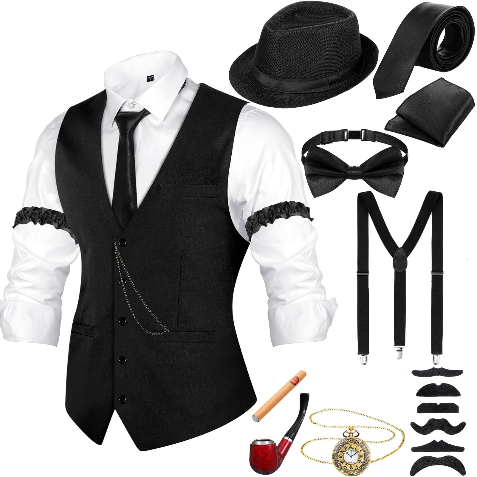 Neer 1920s Mens Costume Accessories Outfit with Gangster Vest Fedora Hat Vintage Pocket Watch Bow Tie Suspenders Accessories