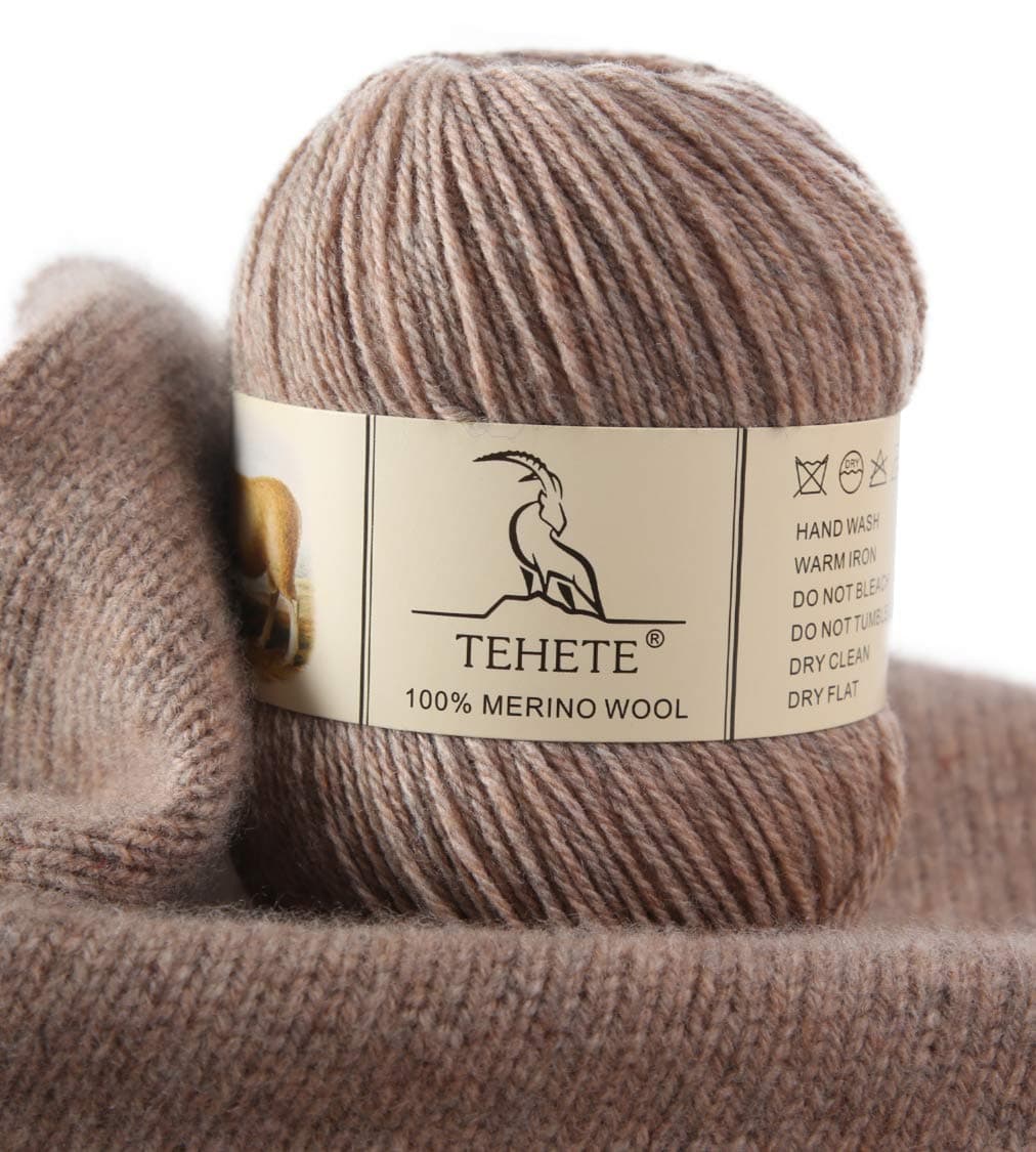 TEHETE 100% Merino Wool Yarn for Knitting 3-Ply Luxury Warm Soft Lightweight Crochet Yarn (Brown)
