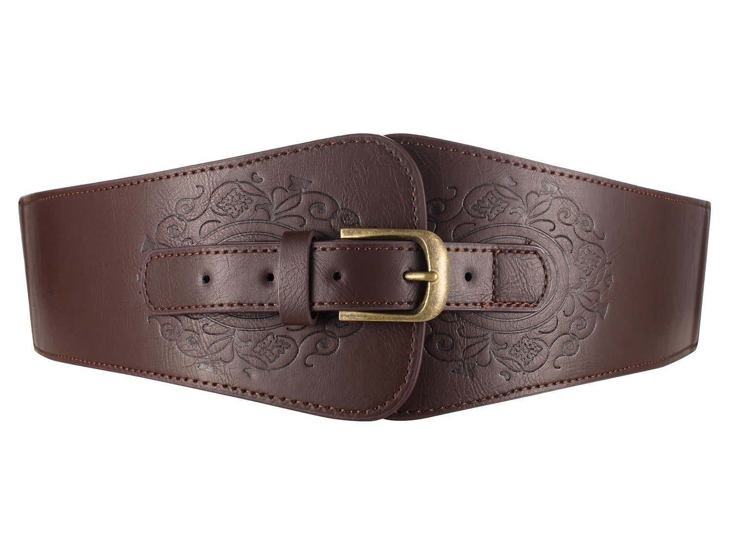 Motase Faux Leather Womens Wide Elasitc Stretch Waist Belt Corset with Floral Dark Brown Plus Size XXL