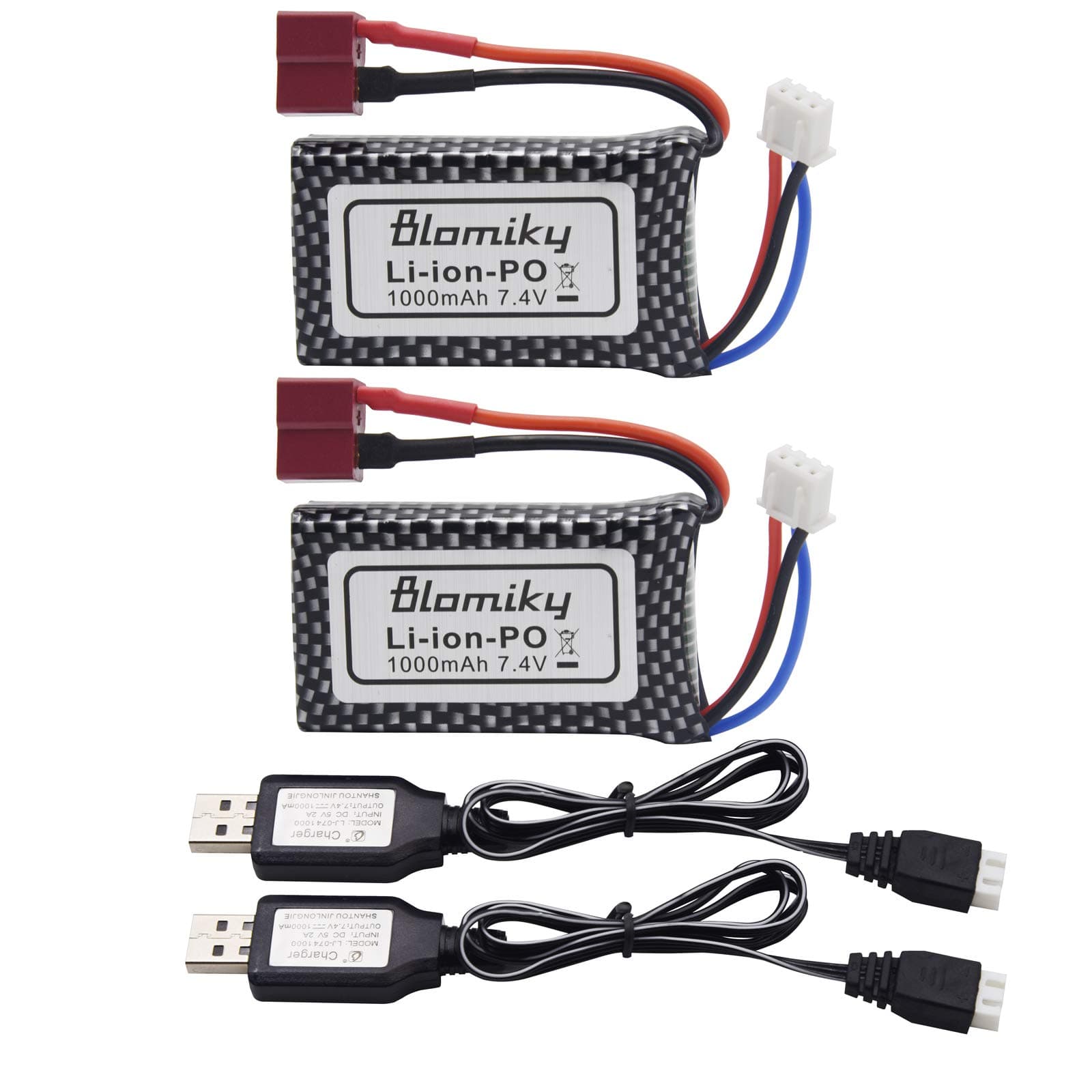 Blomiky 2 Pack 7.4V 2S 30C 1000mAh 7.4Wh Lipo Battery T Plug and USB Charger Cable Suitable for Haiboxing 18859E 18858 16890A and XLH Q903 RC Trucks / Q903 Battery 2