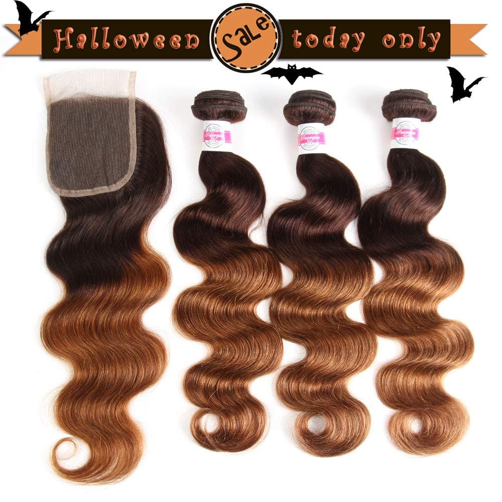 2 Tone Ombre Hair 3 Bundles With Closure Brazilian Virgin Hair Body Weft Human Hair Extensions T4/30 Medium Brown/Medium Auburn (20 22 24with18)