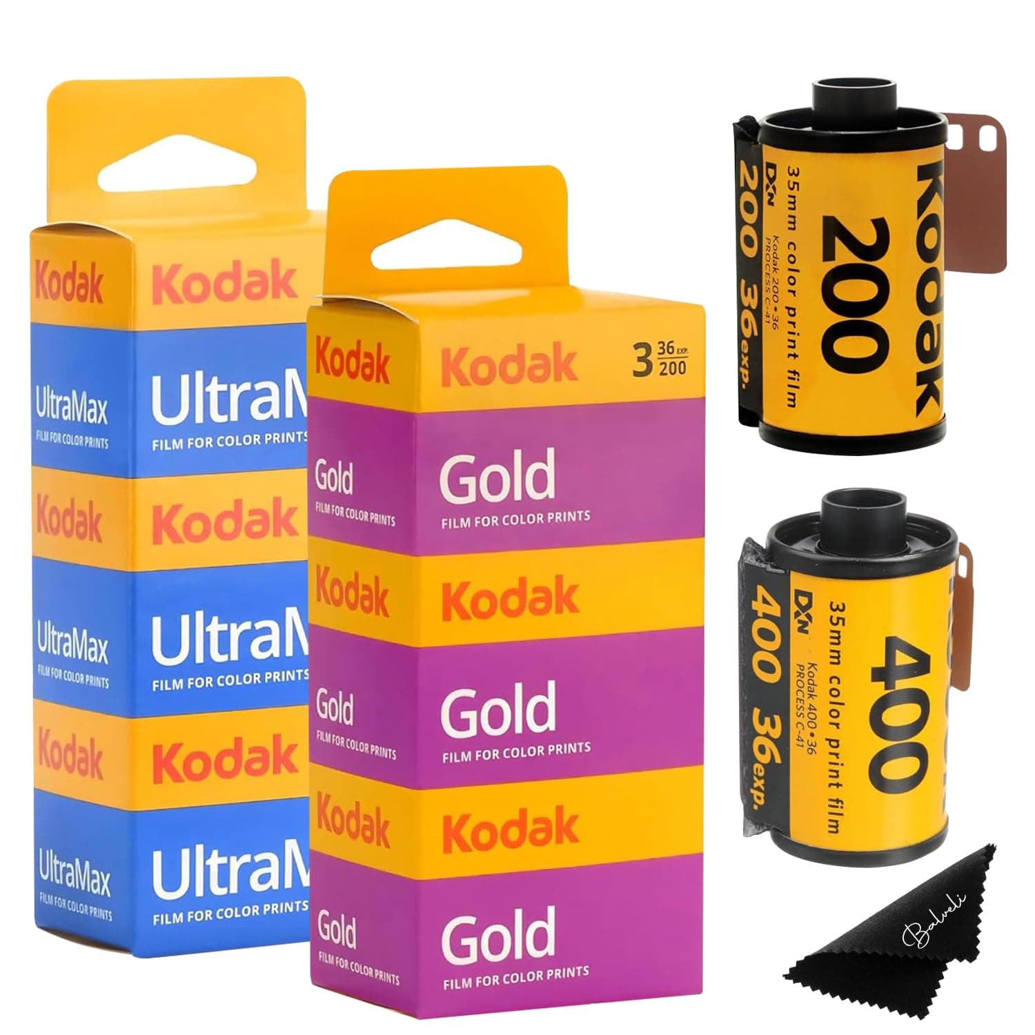 Kodak Ultramax 400 & Gold 200 35mm Film Bundle - 6 Rolls (36exp Each) - Includes Balveli Microfiber Cloth