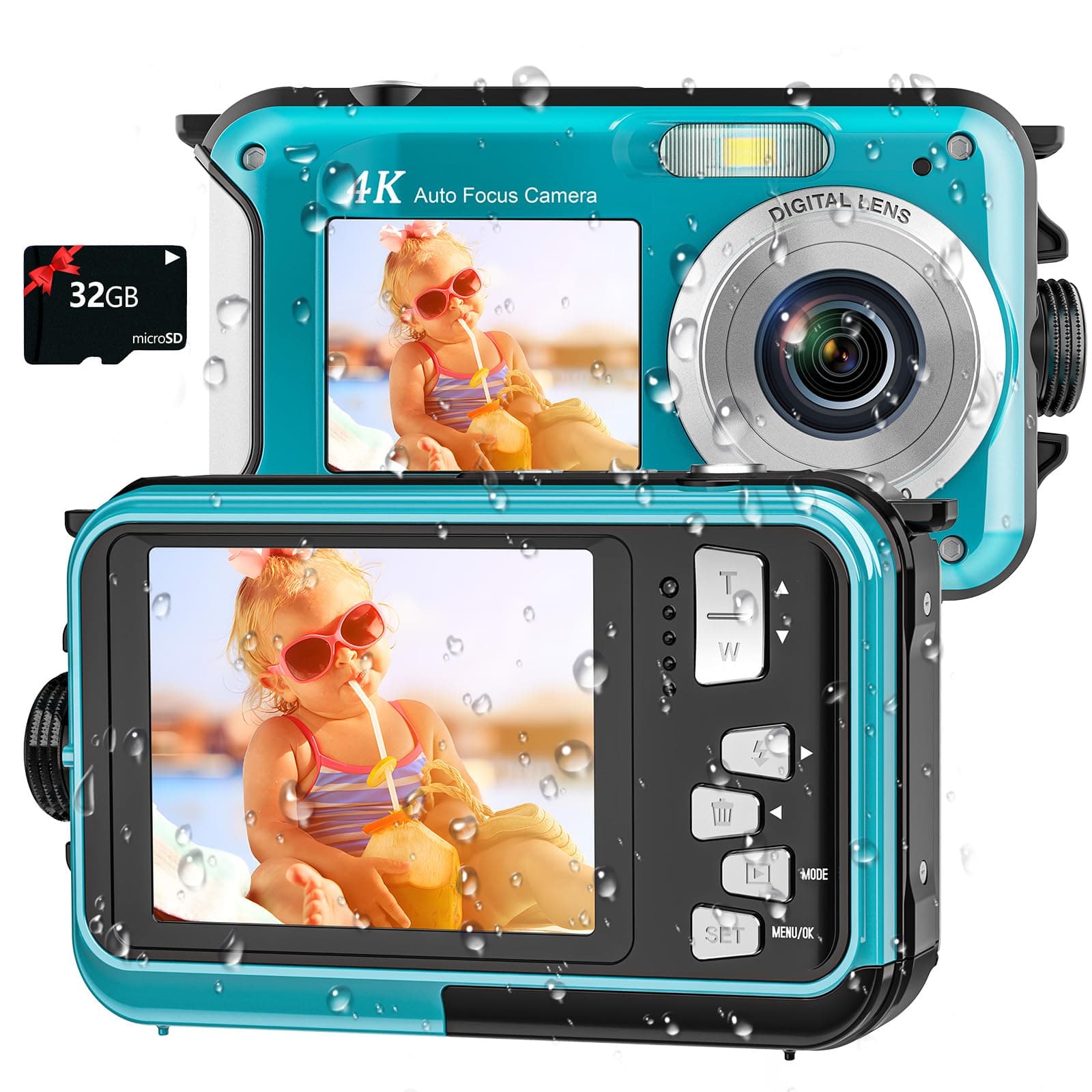 4K Underwater Camera 11FT Waterproof with 32GB Card 48MP Auto Focus Dual Screen Selfie Underwater Camera for Snorkelling Compact Floating Digital Camera 1250 mAh Battery