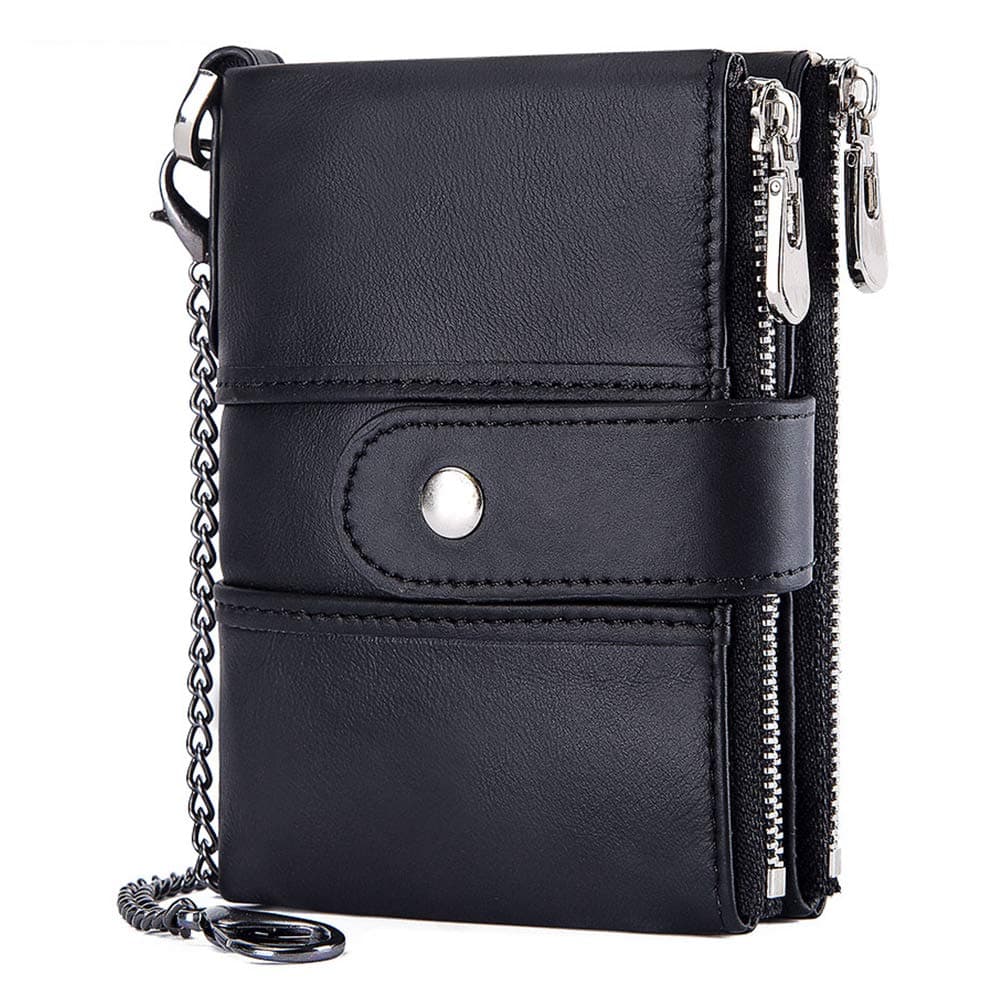 TEUEN Men's Genuine Leather RFID Blocking Wallet Coin Purse Zip 16 Card Slots Small Coin Purse Men's Card Holder with Chain