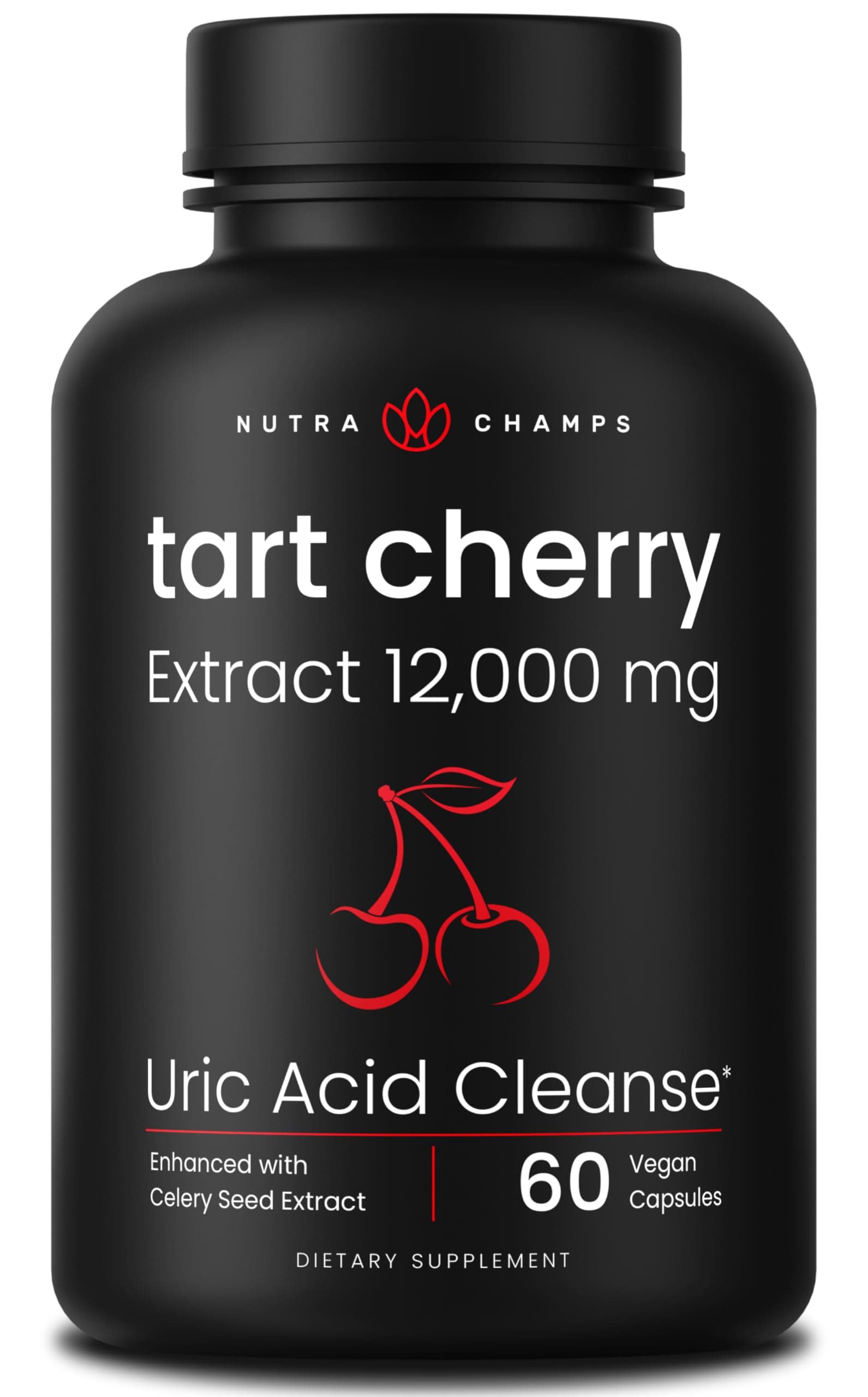 NutraChamps Organic Tart Cherry Extract Capsules 12,000mg - Made from Montmorency Tart Cherry Concentrate, Celery Seed & Bilberry - Uric Acid Cleanse & Joint Support - Vegan Capsules