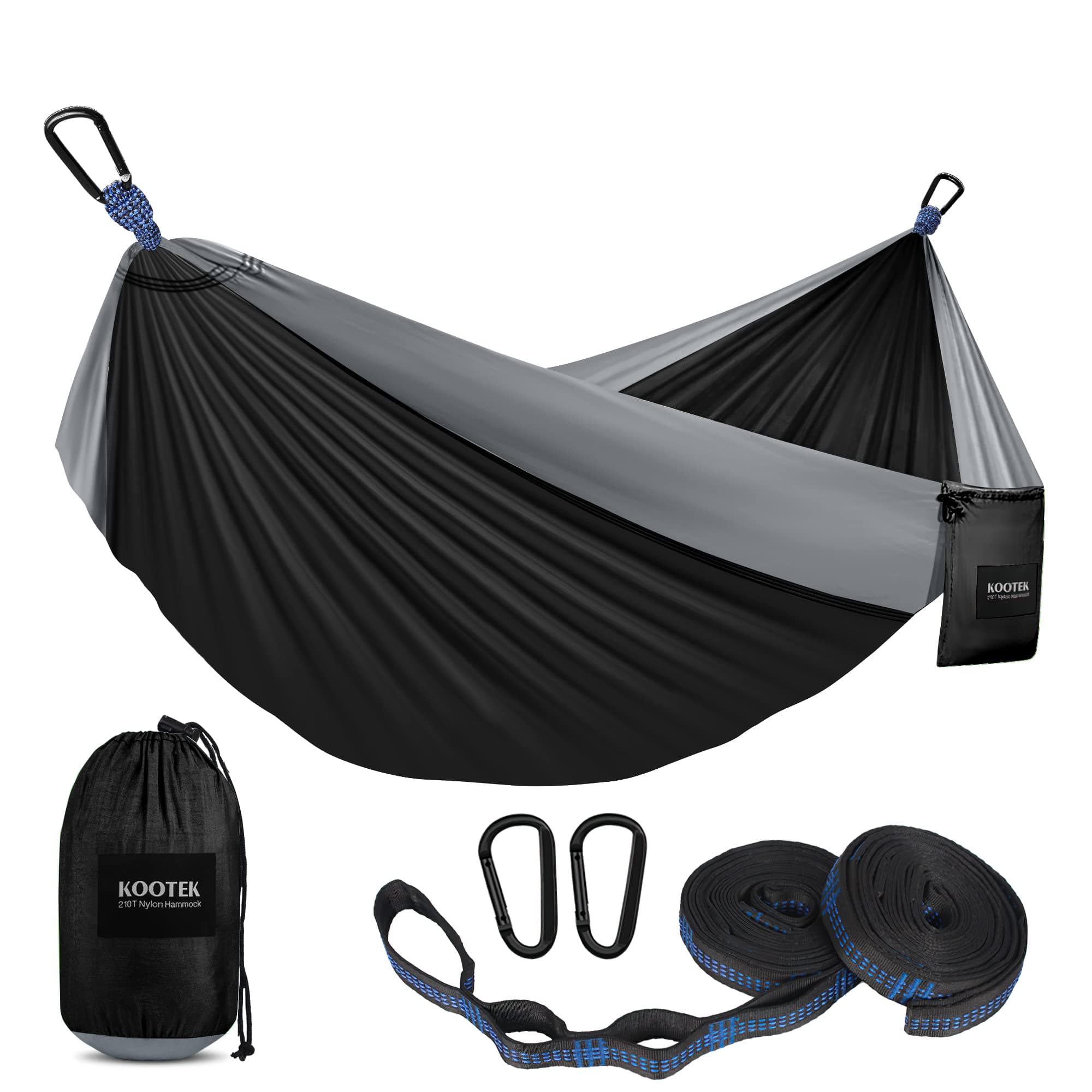 Kootek Camping Hammock Double & Single Portable Hammock with 2 Tree Straps Lightweight Nylon Parachute Hammock for Backpacking, Travel, Beach, Backyard, Patio, Hiking (Black & Grey, Large)