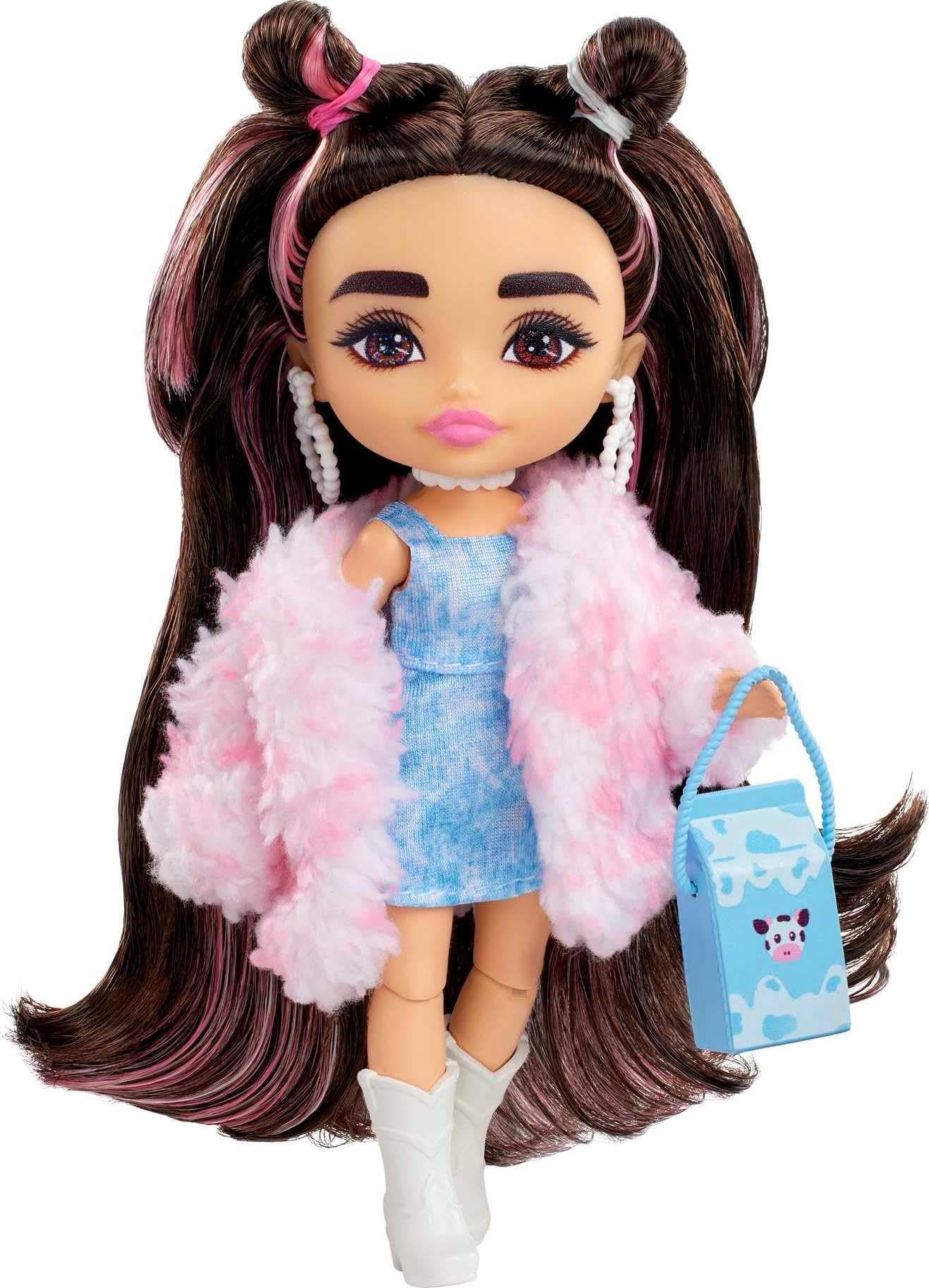 Barbie Doll, Barbie Extra Minis Doll with Brunette Hair, Kids Toys and Gifts, Denim Dress with Faux Fur Coat, Small Doll, Clothes and Accessories, HKP90