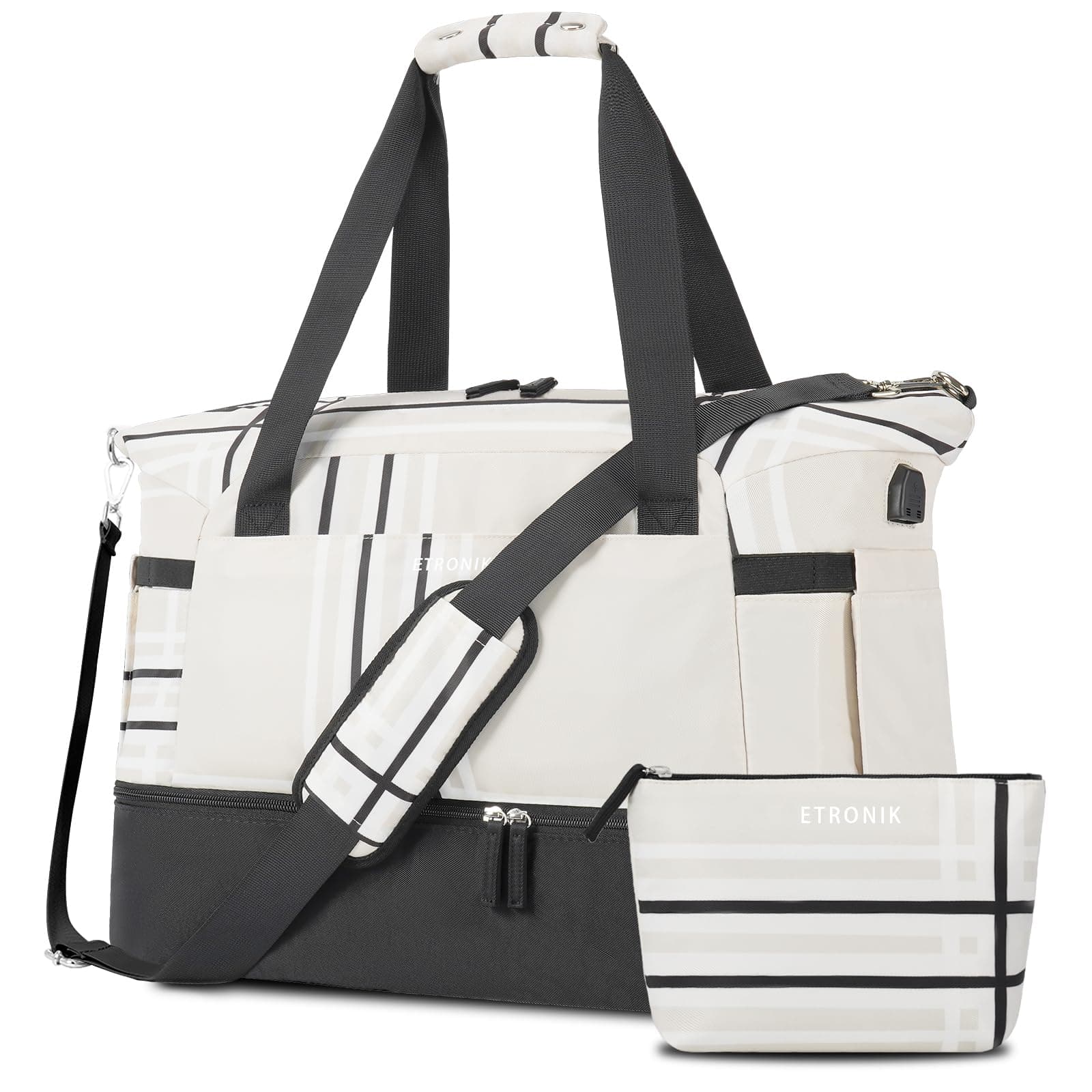 ETRONIKGym Bag for Women, Travel Duffel Bag with USB Charging Port, Weekender Overnight Bag with Wet Pocket and Shoes Compartment for Women, Travel, Gym, Yoga (Khaki/Black)