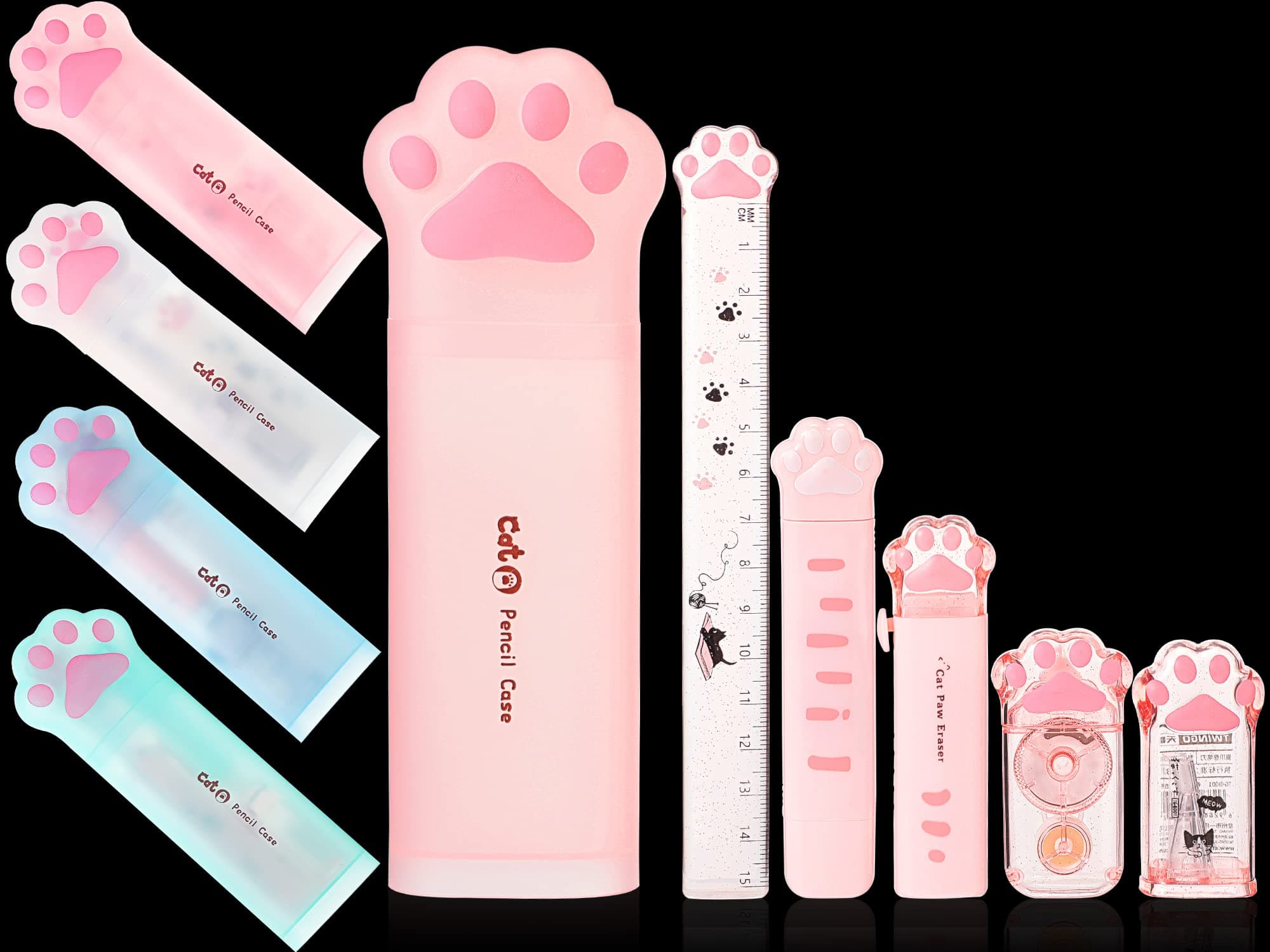 Ireer 6 Pcs Cute Cat Paw Stationery Set Include Cat Paw Pencil Case Cat Pencil Sharpener Cute Correction Tape Cute Retractable Erasers Paw Ruler Stationery Supplies for School Girls Cat Lover