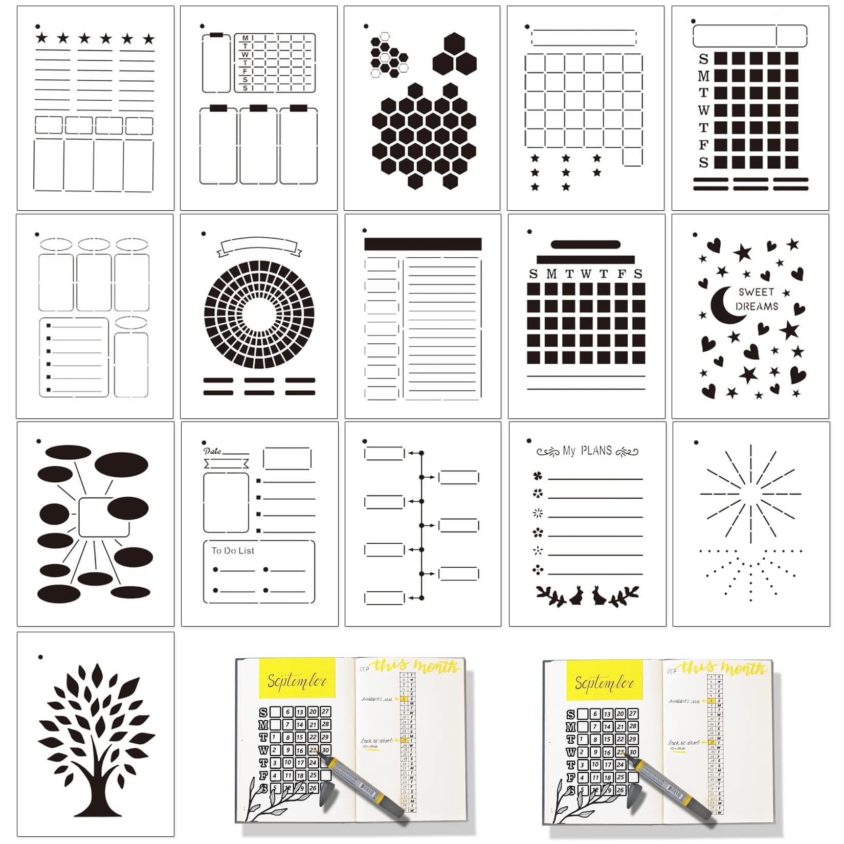 16 PCS Habit Tracker Journal Stencils Supplies Set Portable Planner Calendar Journaling Stencils Templates for Productivity Starter Achieve Goal Checklists Meal Plans Monthly Spreads (A5 Size)