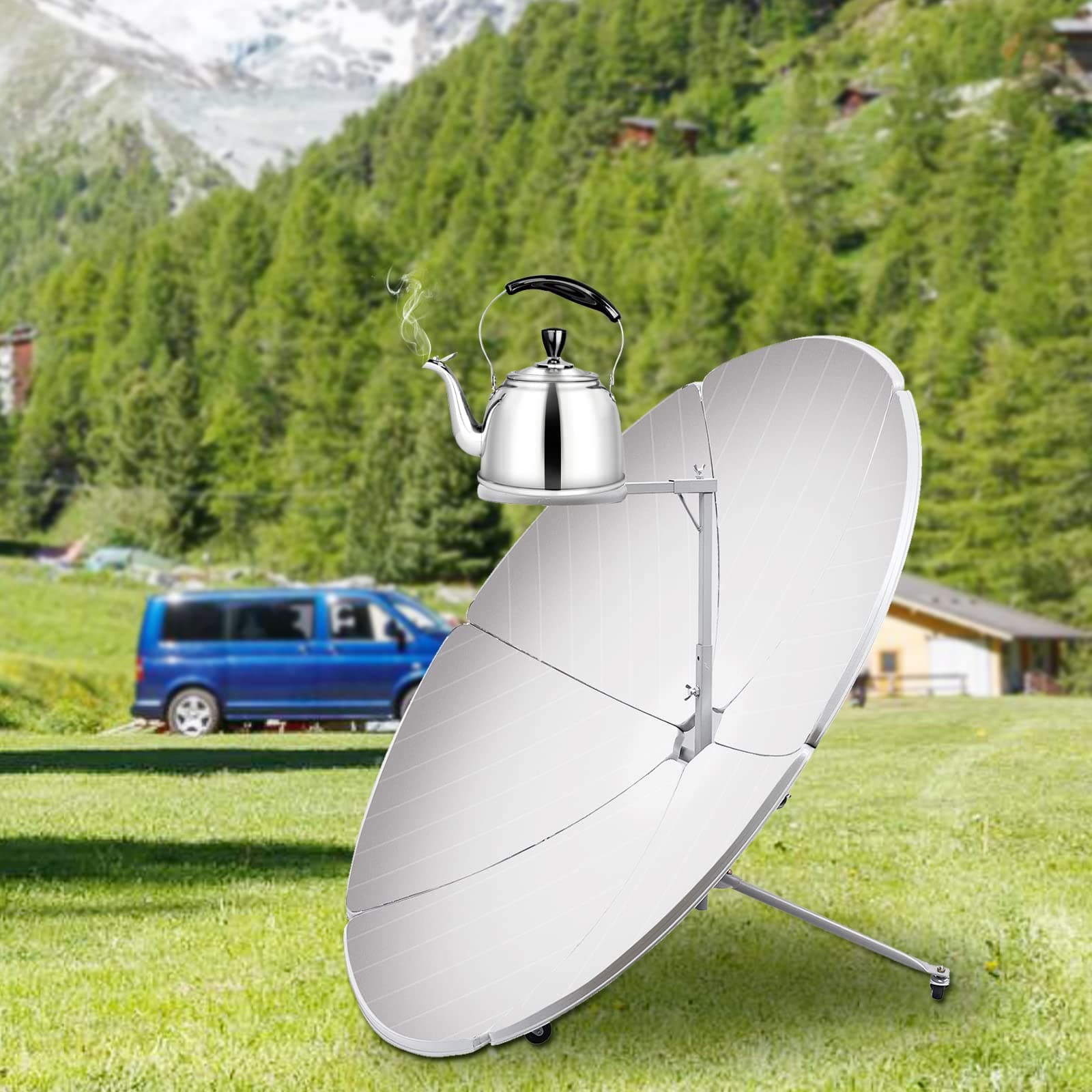 Solar Heater for Camping, 59" Solar Cooker Sun Oven with Casters, Concentrating Solar Stove Outdoor Camping Cooking Steaming Cookware Boil Water, 800-1000℃