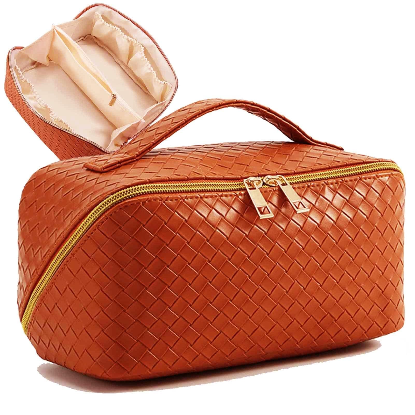 TiokkssUpgrade Makeup Bag Large Capacity Travel Cosmetic Bag Make Up Bags for Women Waterproof Portable Cosmetic Bags with Handle and Divider Flat Lay Makeup Organizer Bag (Orange)
