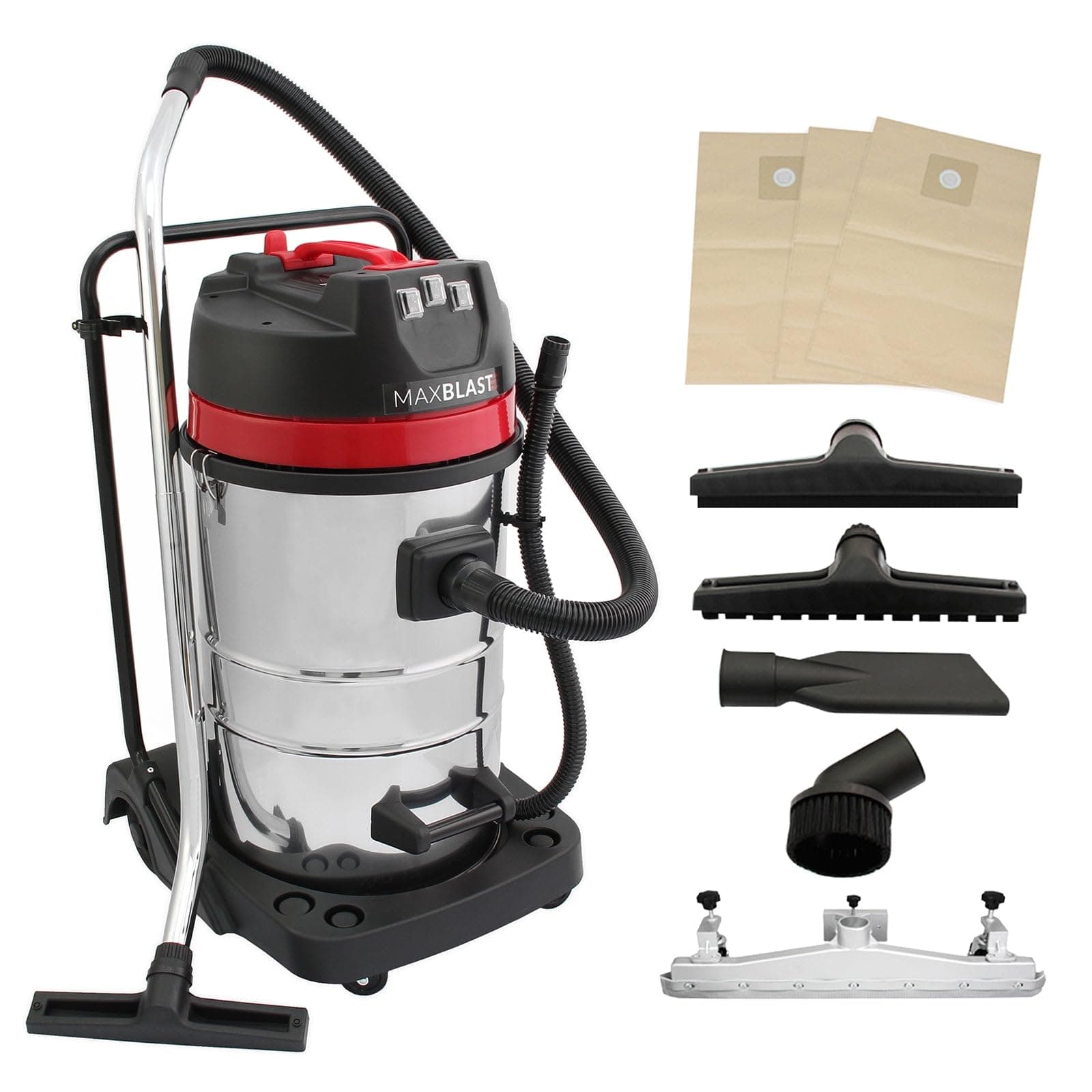 – Industrial Vacuum Cleaner 80L Wet & Dry 5 Attachments Commercial Cleaning 3000W Triple Motor Stainless Steel Cloth Filter 1.5m Hose 9m Cable Bagless or Bagged 3 x FREE Hoover Bags