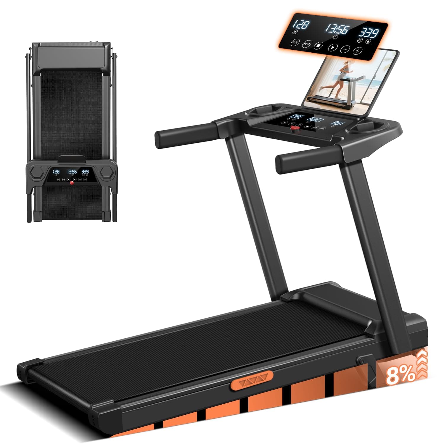 Incline Treadmill with Handle for Home and Office, Foldable Treadmills with 265 Lbs Weight Capacity, 2.5HP Quiet Walking Pad Treadmill, Three LED Screen Display