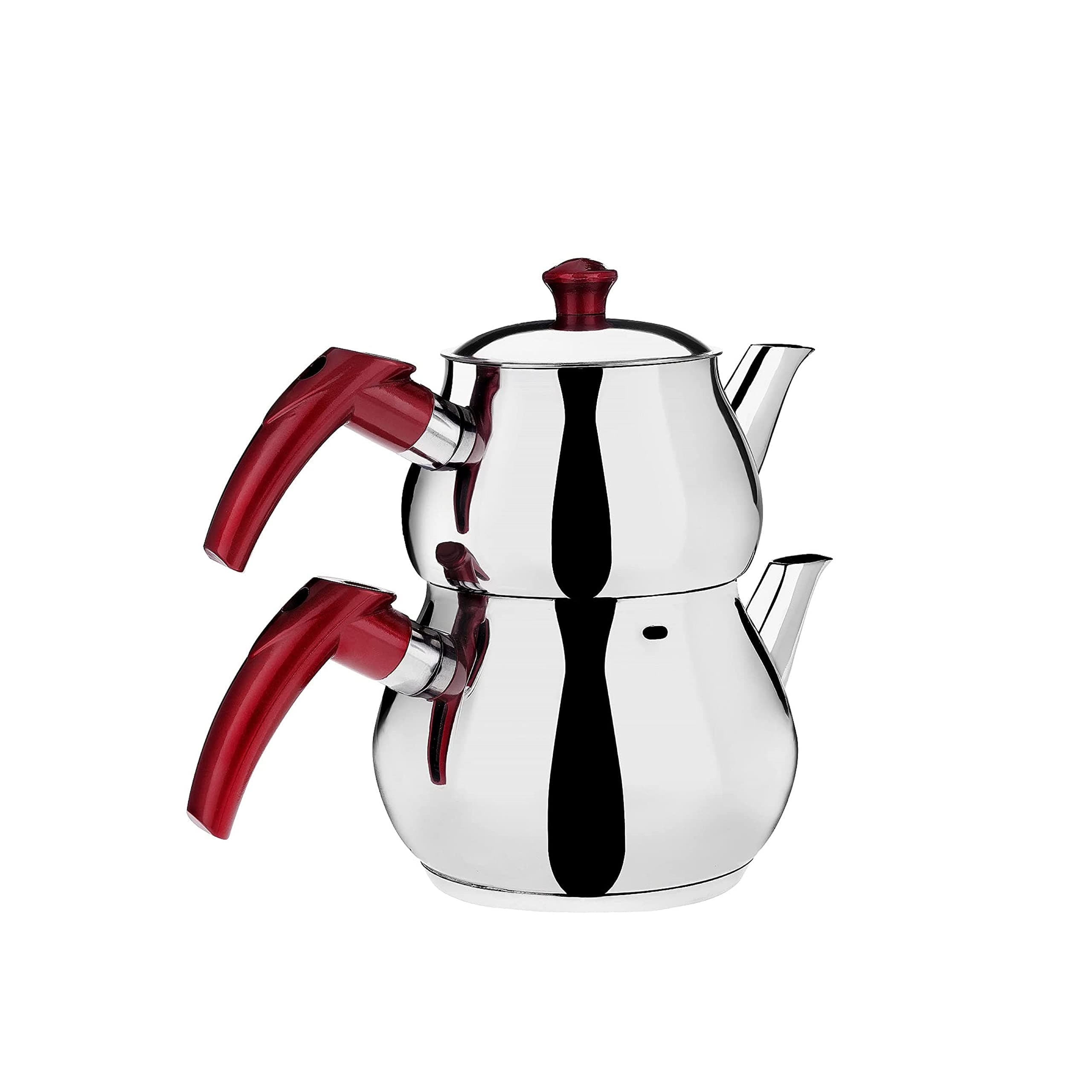 Turkish Teapot Set, Stainless Steel Double Tea Pots for Stove Top, Tea Maker with Handle, Samovar Style Self-Strained Tea Kettle, Water Heater Warmer (Mini with Red Handles)