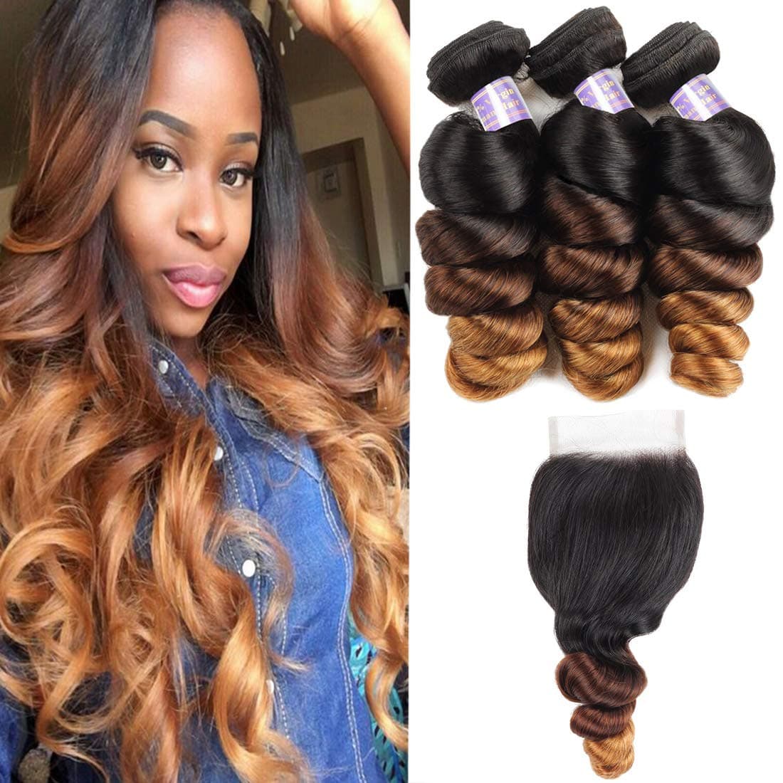 Allove Hair Brazilian Loose Wave Ombre Bundles With Closure (20 22 24+18inch) 3 Bundles with 4X4 Lace Closure Free Part Virgin Remy Hair 10a 3 Tone 1B/4/27 Ombre Weave Human Hair