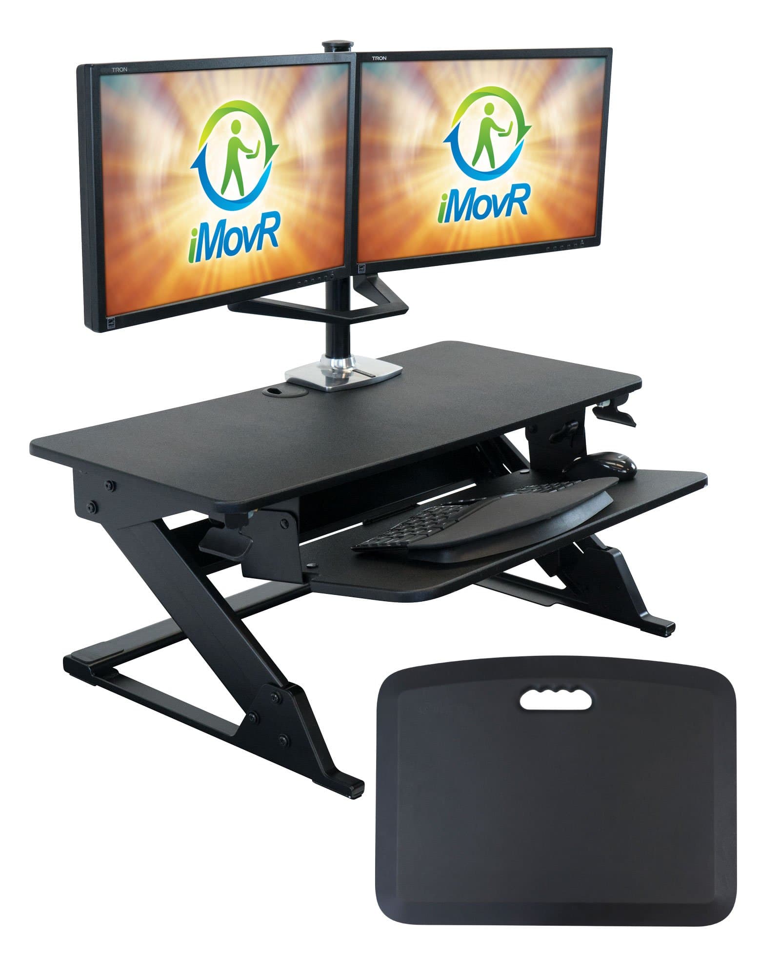 ZipLift+ Classic 35" Standing Desk Converter with Ergonomic Tilting Keyboard Tray in Black with EverMat Standing Mat