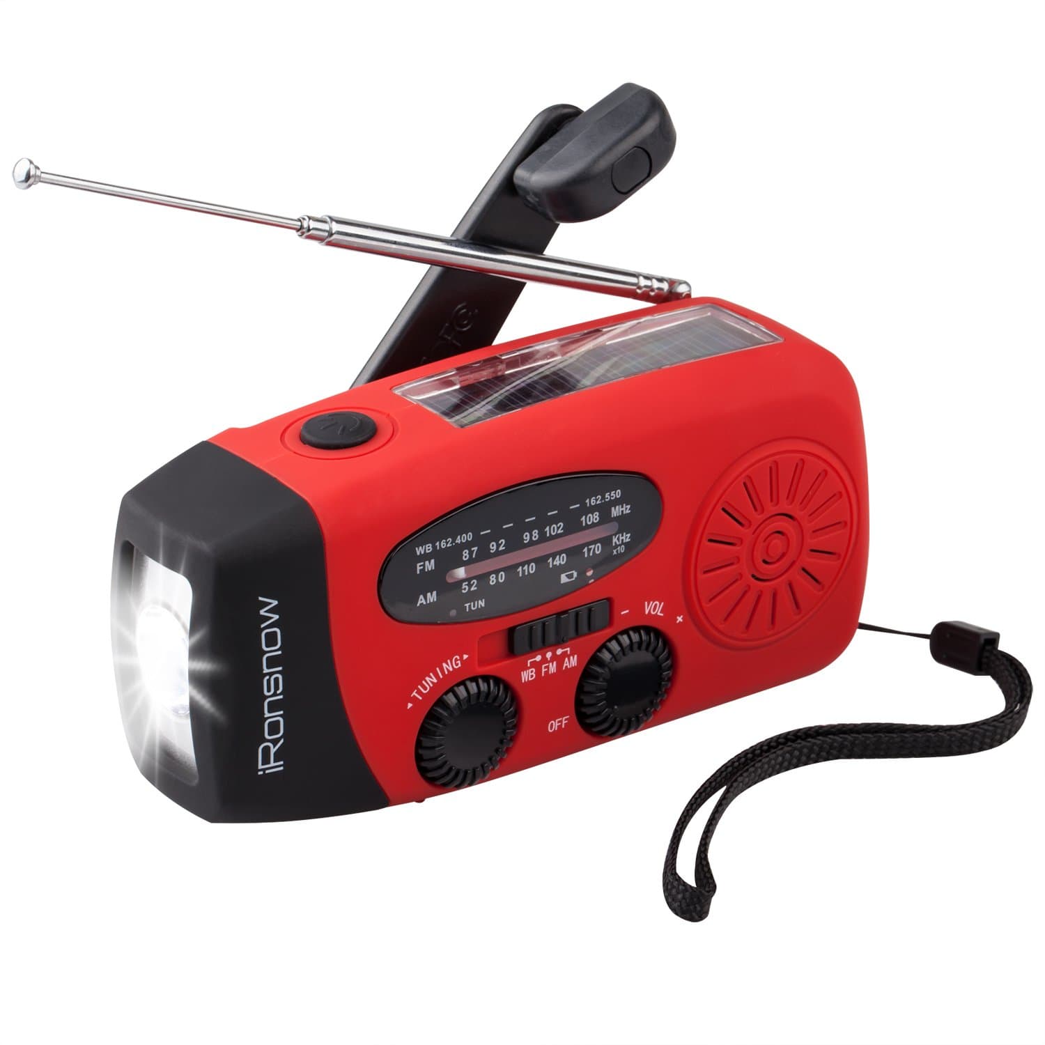 iRonsnow Upgraded Version IS-088U+ Dynamo Solar Hand Crank Self Powered AM/FM/NOAA Weather Radio with LED Flashlight and 1000mAh Emergency Power Bank (Red)