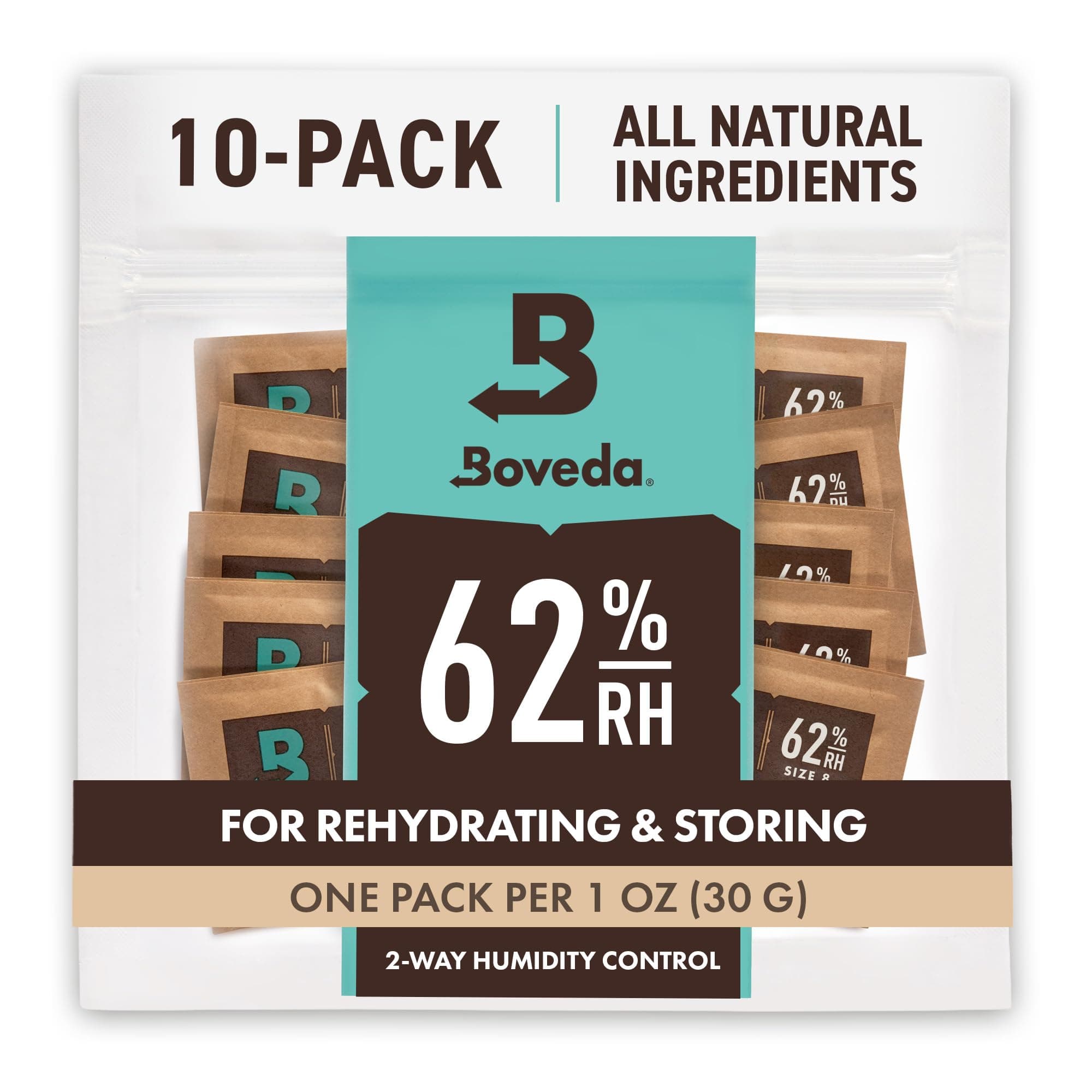 62% Two-Way Humidity Control Packs For Storing 1 oz – Size 8 – 10 Pack – Moisture Absorbers for Small Storage Containers – Humidifier Packs – Hydration Packets in Resealable Bag