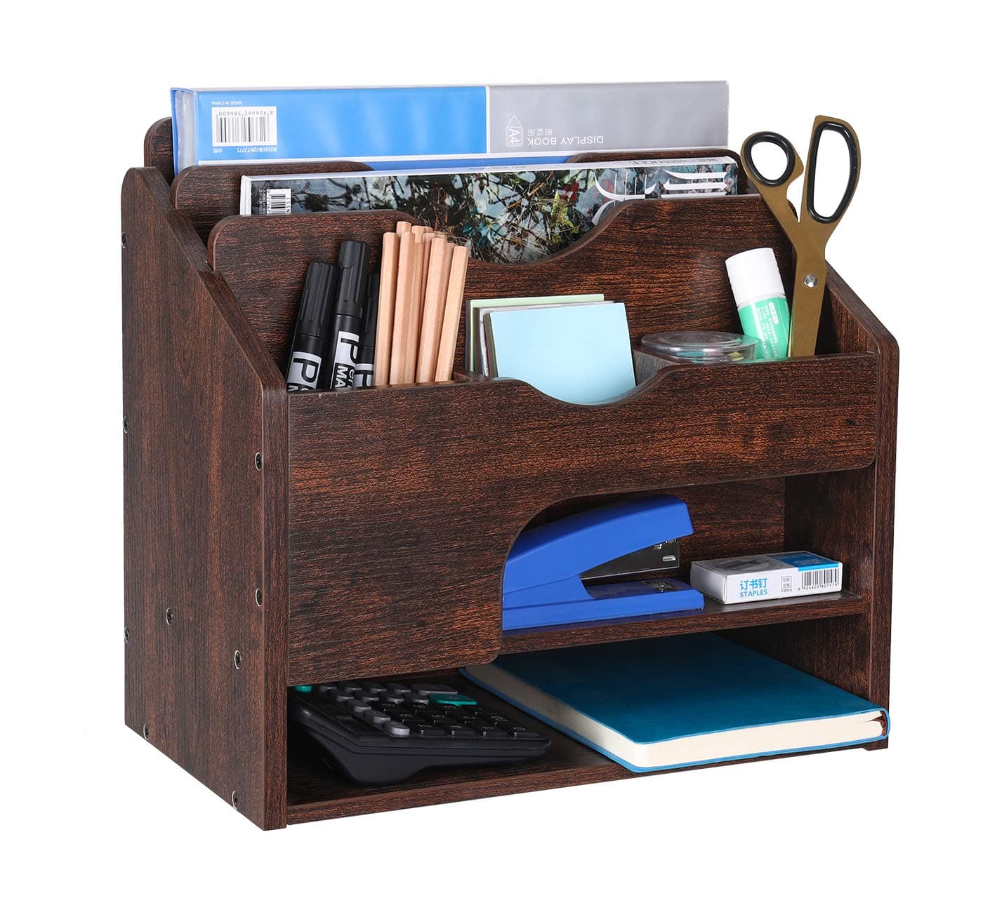 Denozer - File Magazine Holder Wood Desktop Accessories Organizer - File Folder,Binders,Envelopes,Magazines-Container with Drawer for Home and Office Supplies - Vintage Rustic Brown