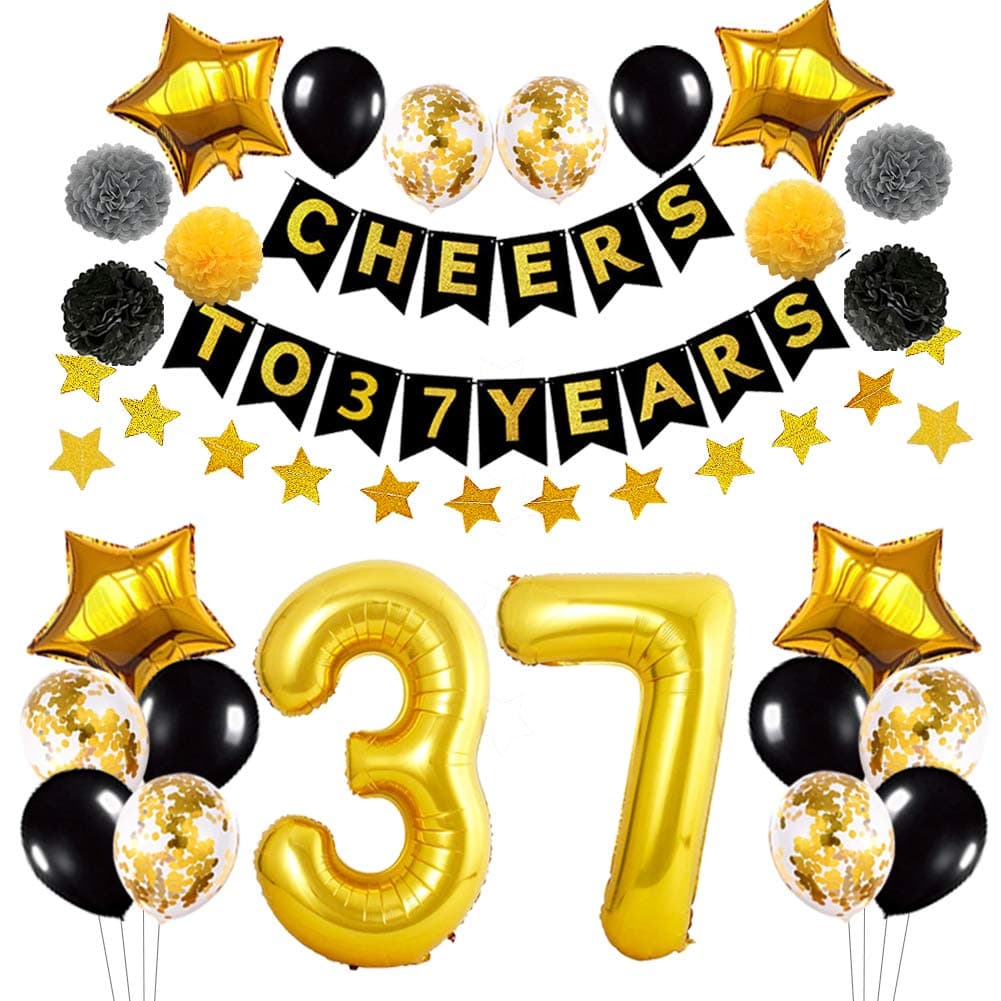 Succris 37th Birthday Decorations Balloons,37th Anniversary Party Decorations,Black Gold Cheers to 37 Years Banner, Gold Star Banner 4m, Confetti &Latex Balloons, Gold Star Balloons 18inch
