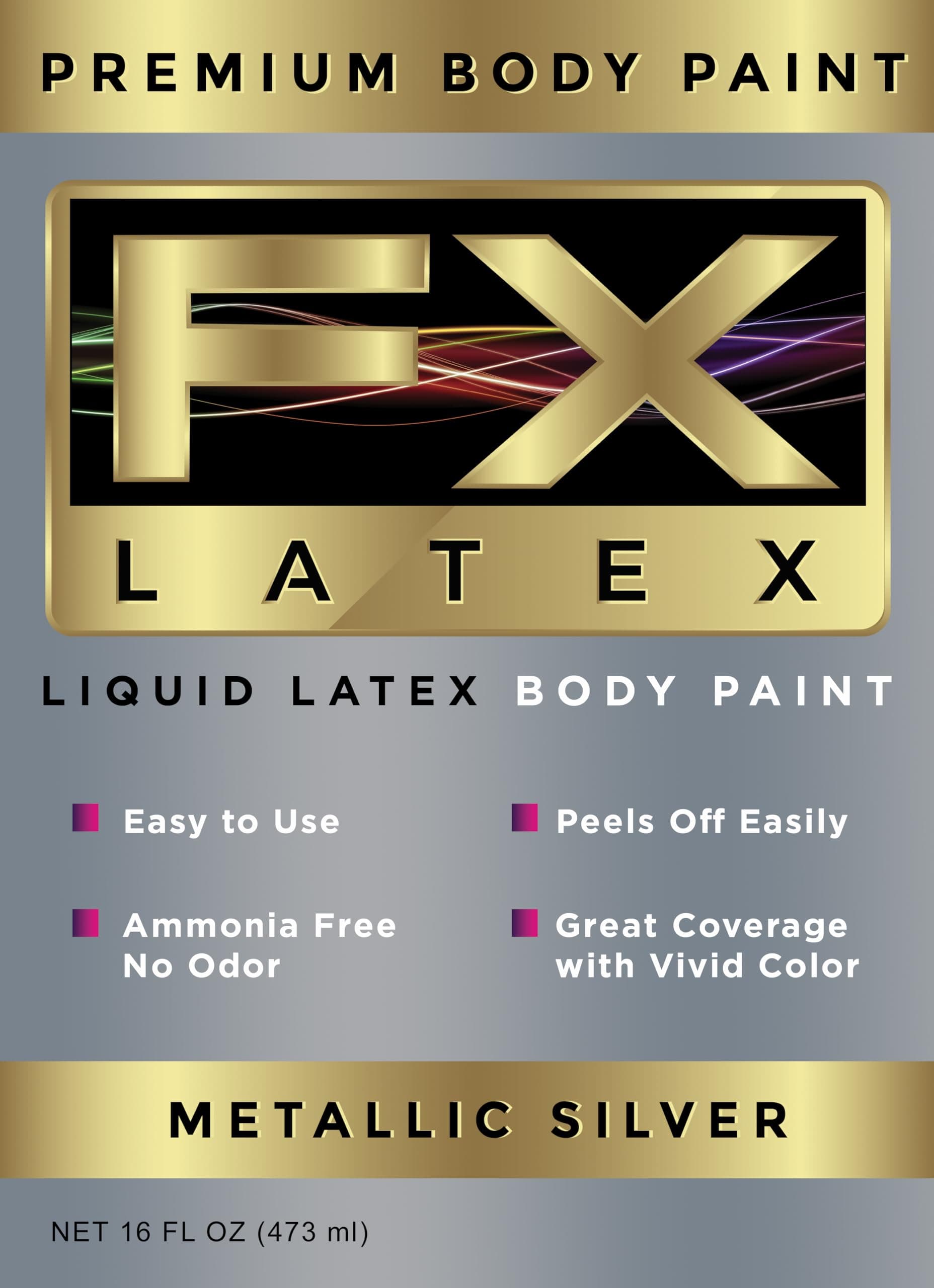 Liquid Latex Fashions 473ml, Metallic Silver - Face and Body Paint - Ammonia Free Ideal for Art, Theatre, Halloween, Parties and Cosplay for Adults and Kids