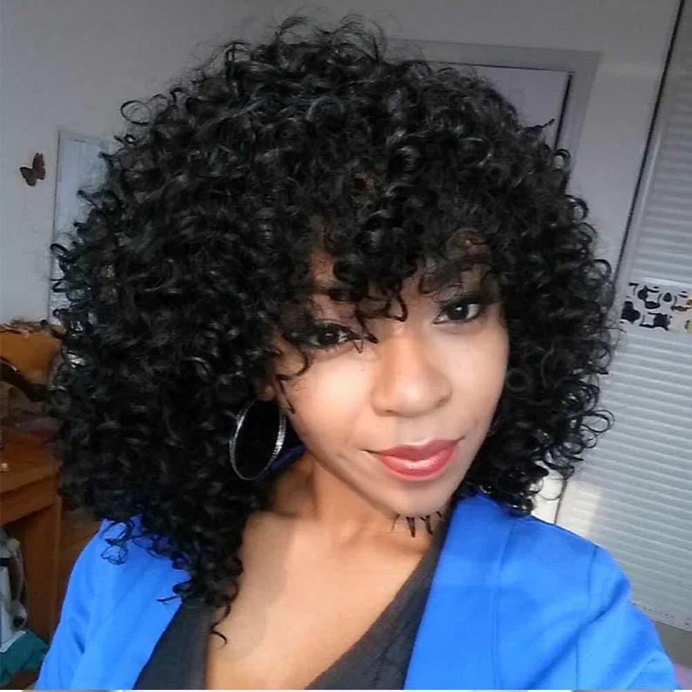 Jet Black Synthetic Afro Curly Hair Wigs for Black Woman Short Kinky Hair Heat Resistance Fiber 290g(16", black)