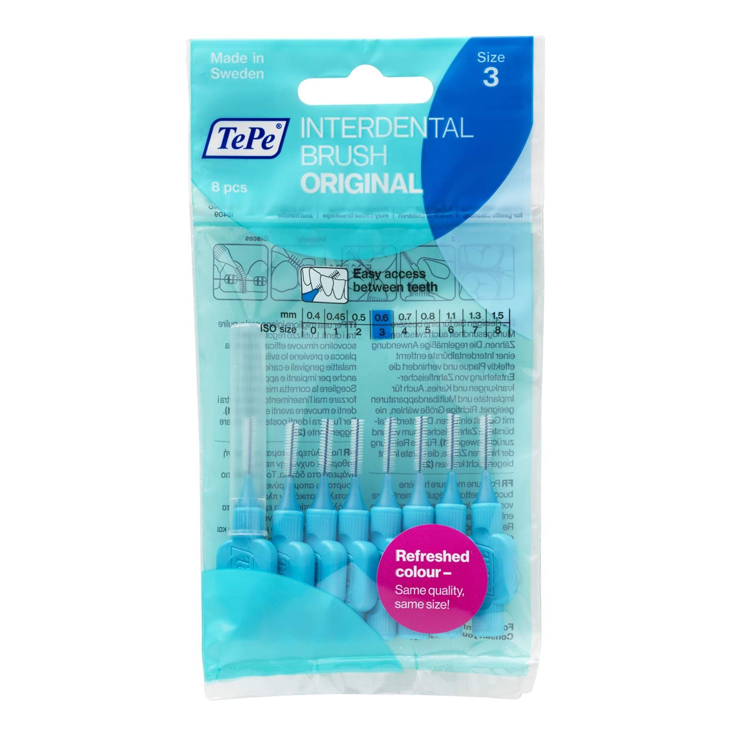 TePe Interdental Brush, Original, Blue, 0.6mm/ISO 3, 8pcs, Plaque Removal, efficient Clean Between The Teeth, Tooth Floss, for Small Gaps