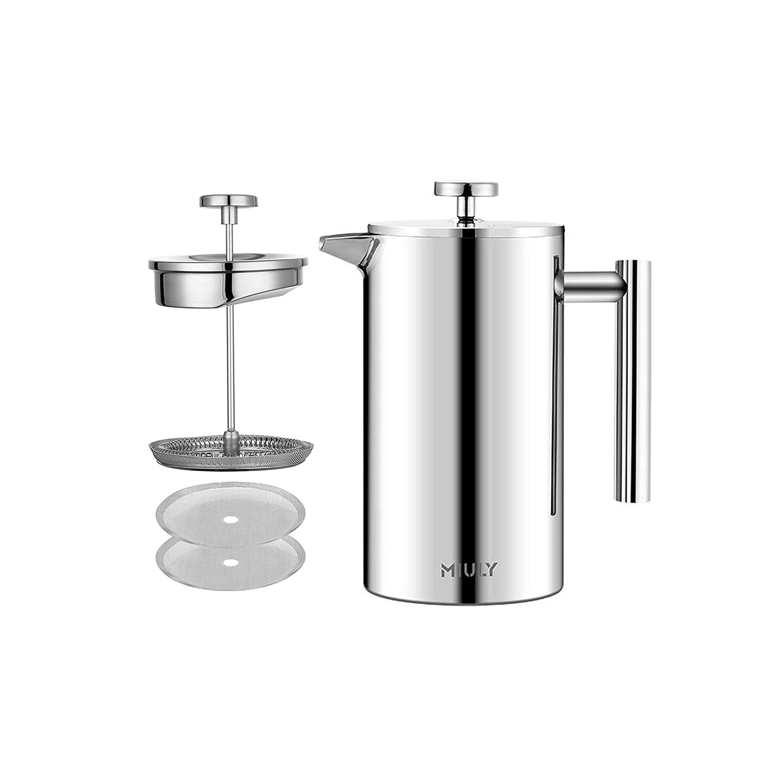 Cafetiere French Press Small Szie 350ml/12oz,Stainless Steel Double Wall Heat Resistant Coffee Press with 3 Filter Screens (1 Cup Silver)