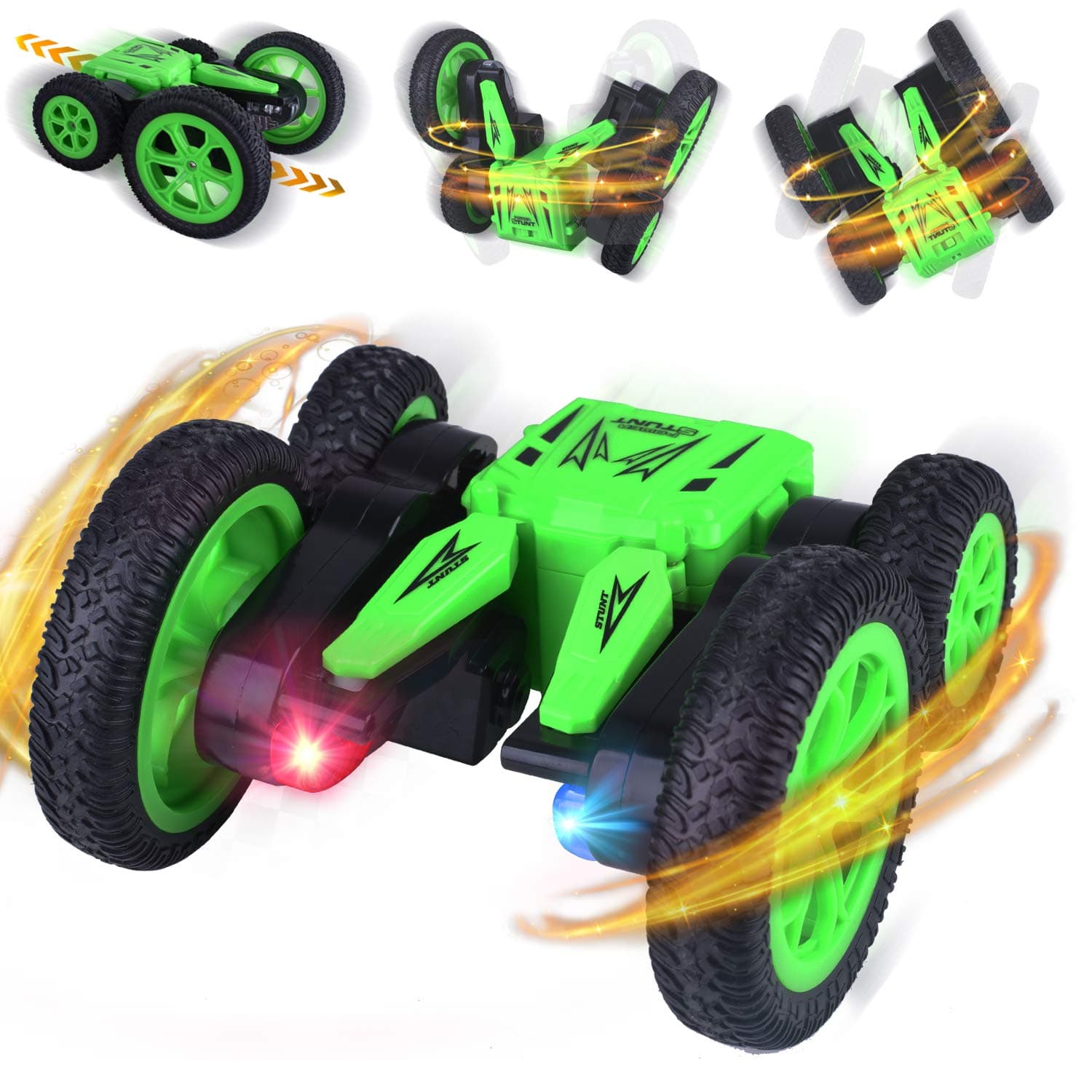 Longruner Remote Control Stunt Cars, 4WD 2.4Ghz 360° High-Speed Rotating Double-Sided Flips Rc Toys for Boy Girl, Birthday Gift for Kids Children Lq71, Set of 2 LED 129, Green