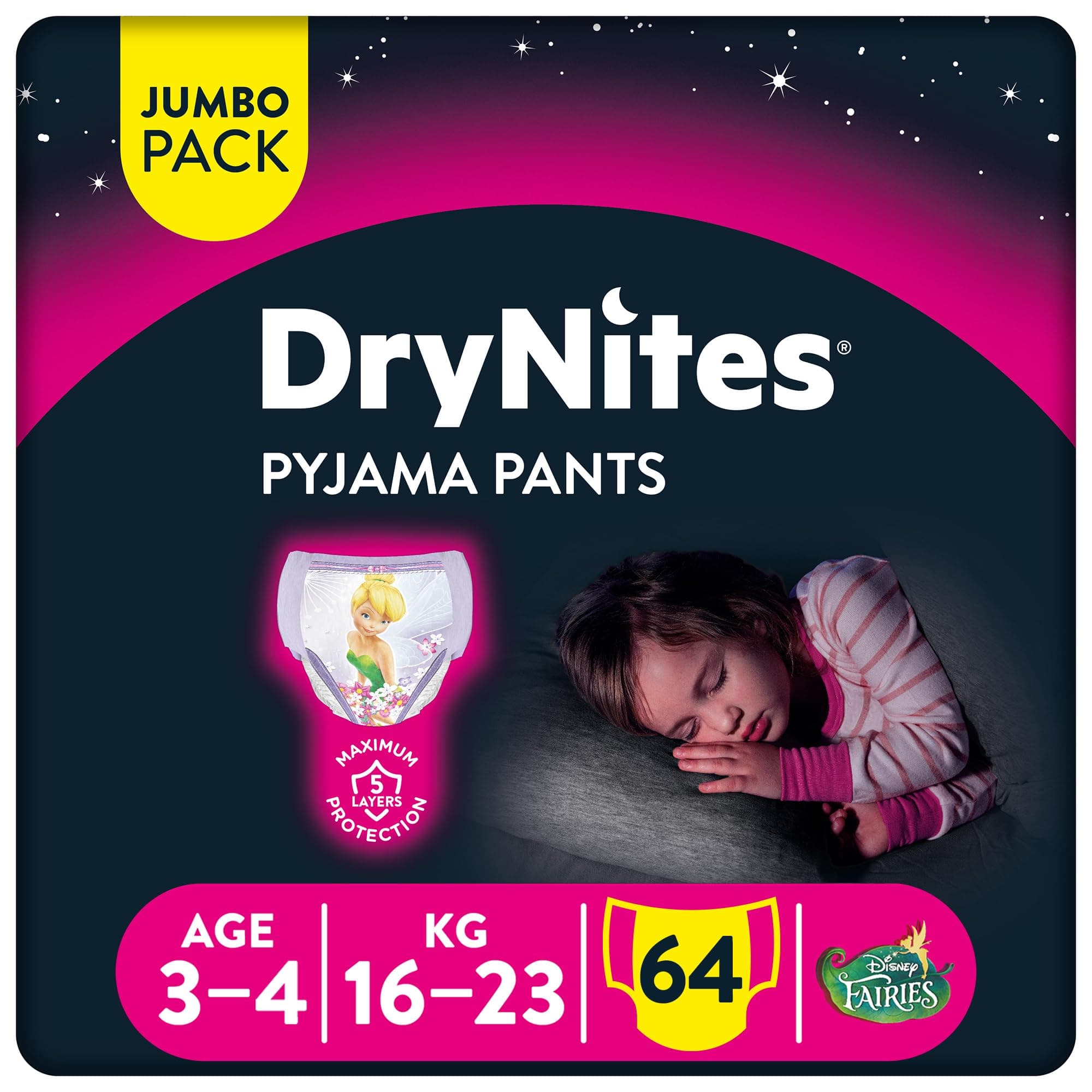 DryNites Pyjama Pants, 3-4 years, Bed Wetting Diaper, Girl, 12-21 kg, 4 x Jumbo Packs, 64 Pants