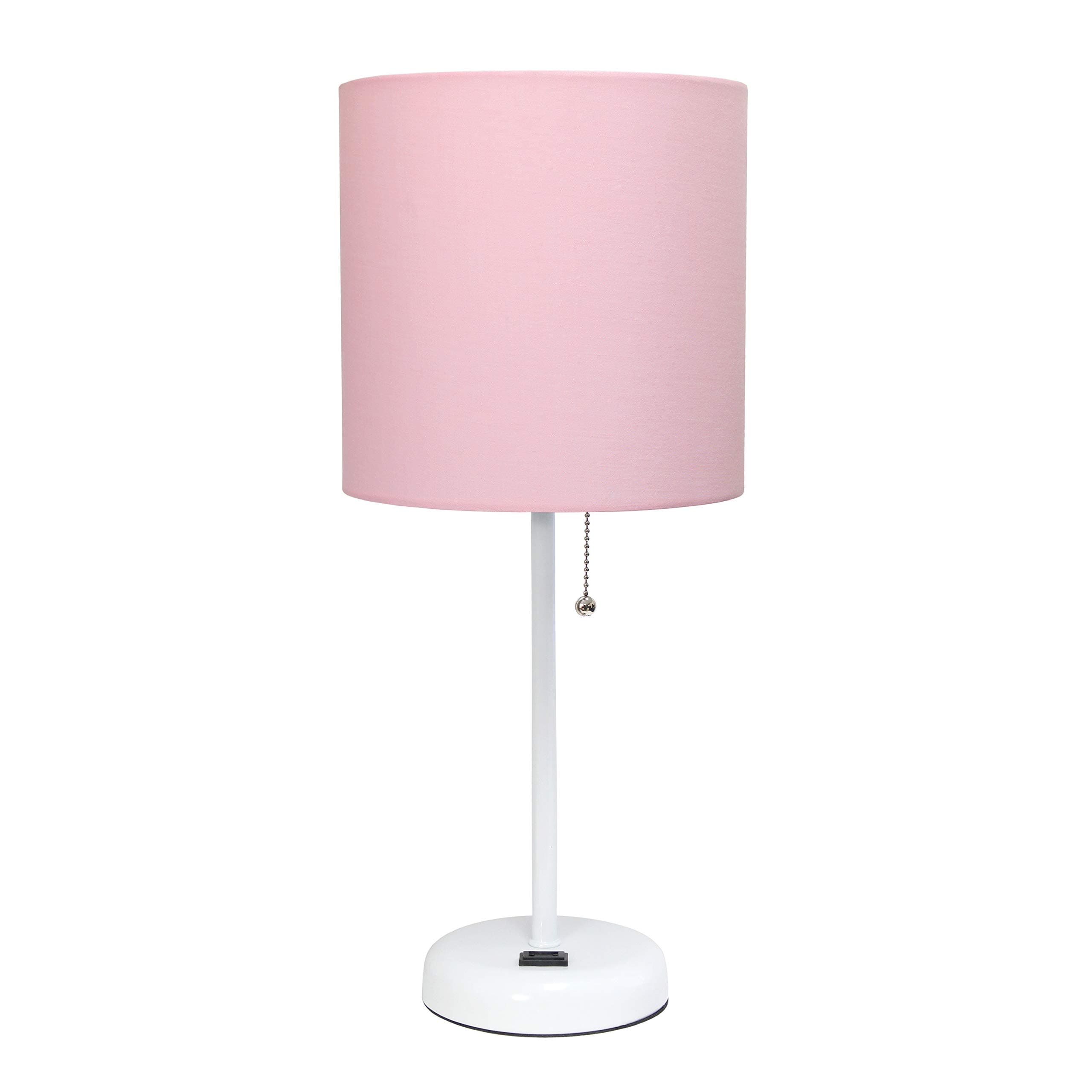 Simple Designs LT2024-POW White Stick Table Desk Lamp with Charging Outlet and Drum Fabric Shade, Light Pink