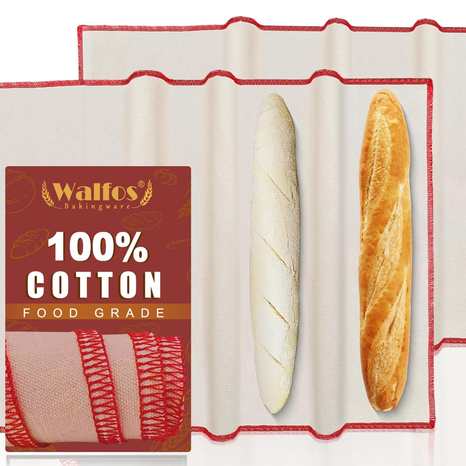 Walfos Bakers Couche and Proofing Cloth, 2PCS(29" X 17" ) Cotton Fabric for Bread Dough Baking Shaping Tool for Baguettes, Loaves and Ciabatta
