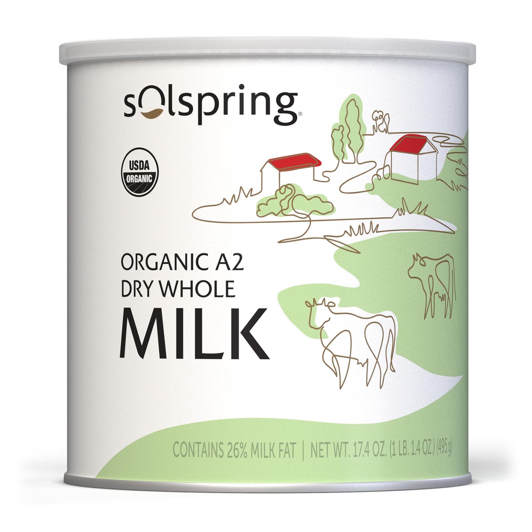 Solspring Organic A2 Dry Whole Milk, 15 Servings, 17.4 oz (1 lb. 1.4 oz.), Contains 26% Milk Fat, Gluten Free, Soy Free, USDA Organic