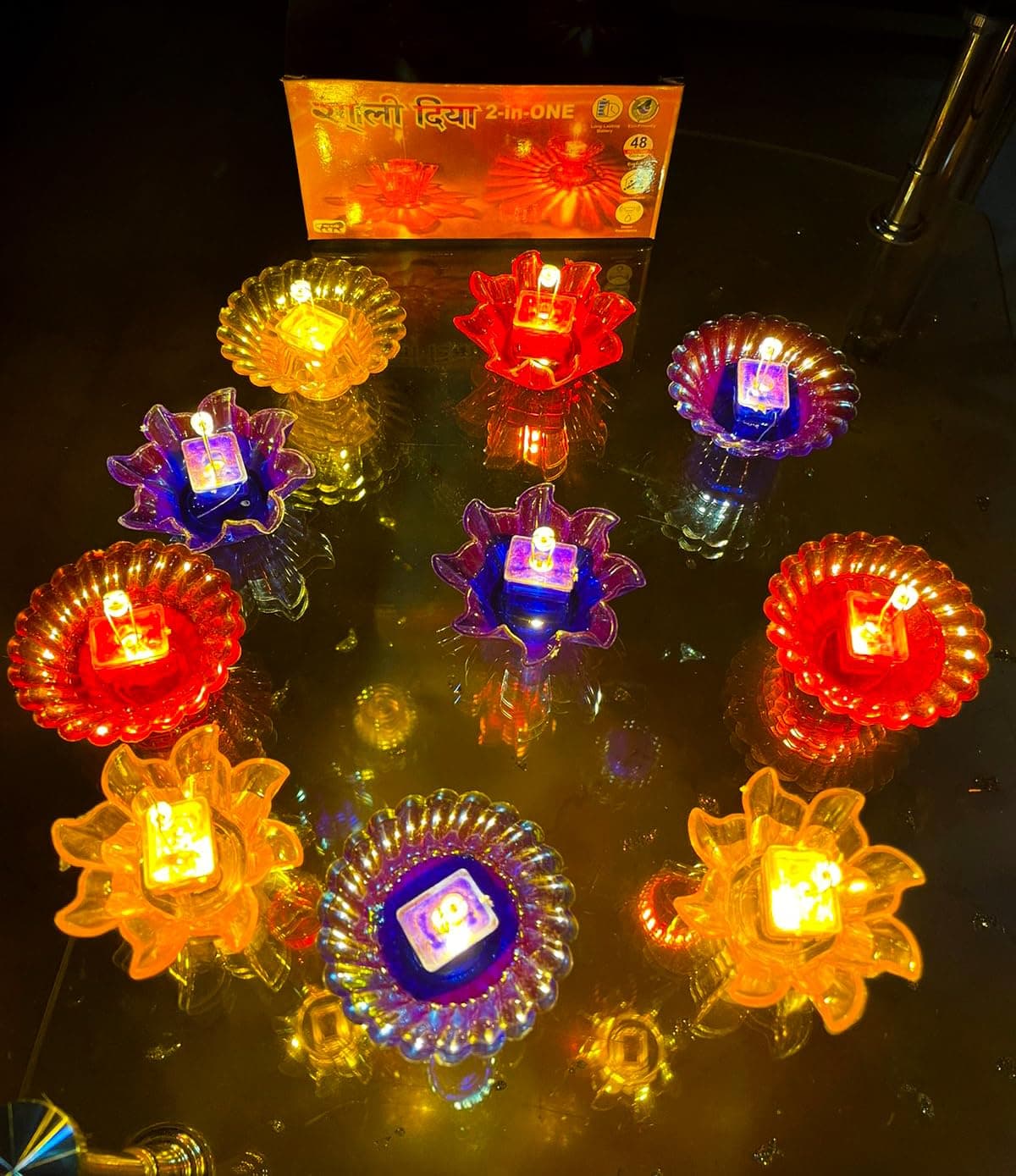 Balirava (2 in 1) Water Sensor Reflection Led Diyas, Flameless, Smokeless, 3d, Battery-operated Diwali Decor, Pack Of 6 Smokeless Water Sensor Diyas For Festive Home Decoration, Pooja, Rangoli, Diwali