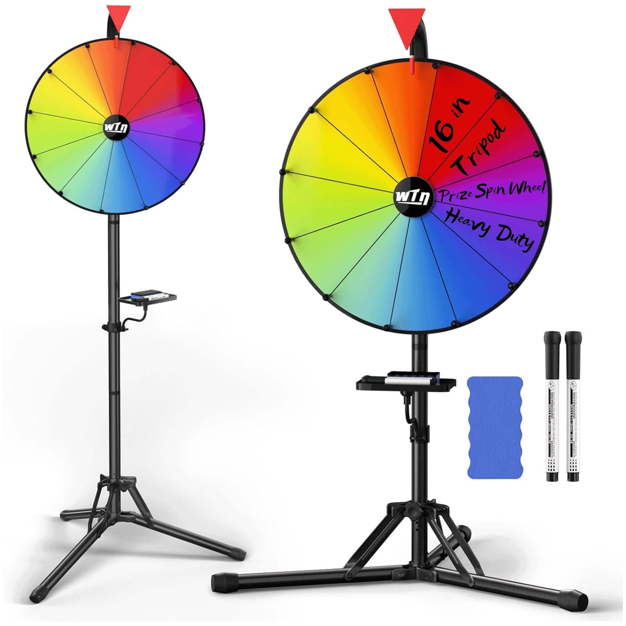 16 Inch Tripod Prize Spin Wheel, Spinning Wheel with Folding Stand, Height Adjustable Spinner Wheel, 12 Color Slots Raffle Wheel with 2 Dry Erase Markers & Eraser for Carnival, Fortune Game