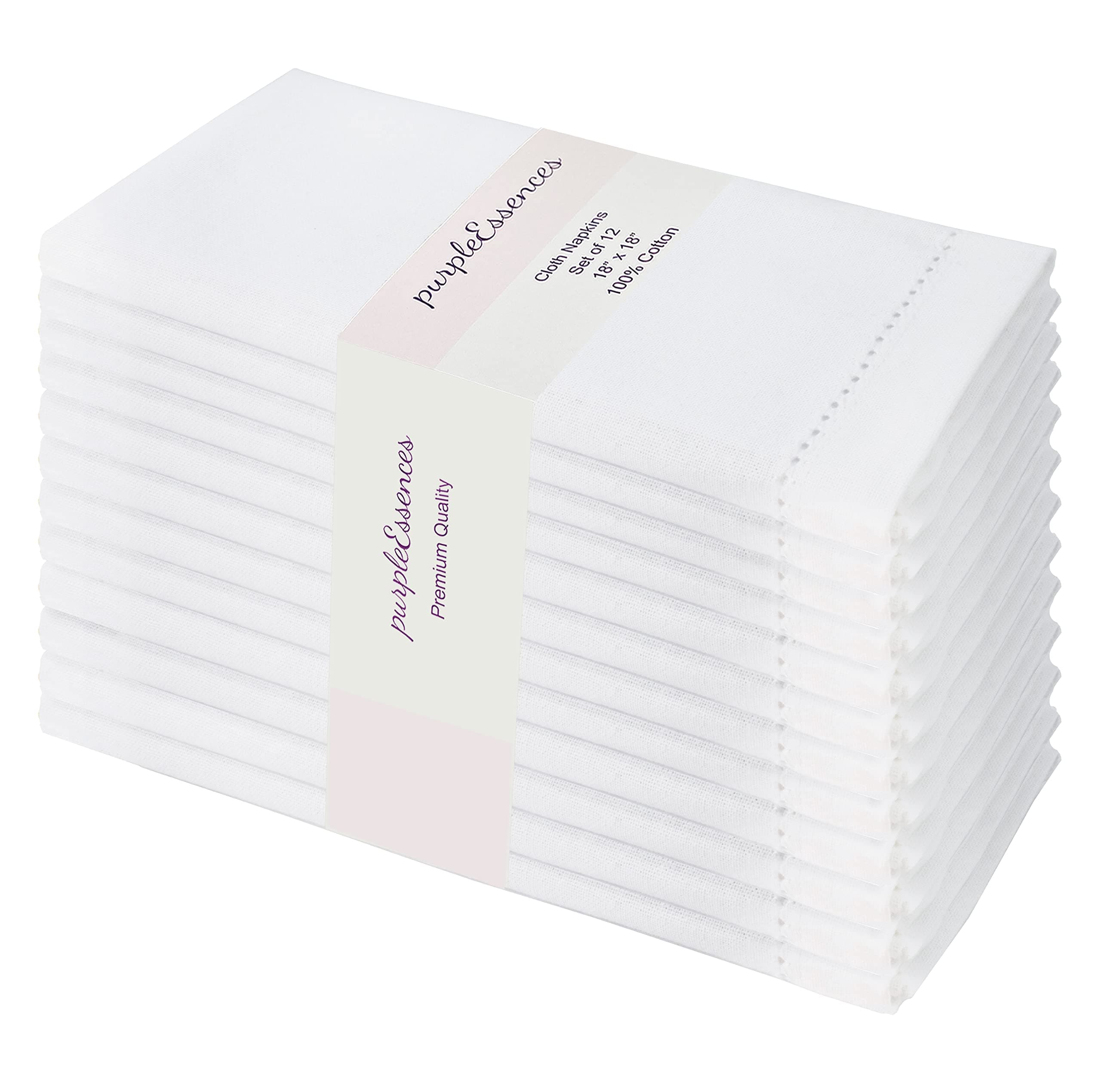 PurpleEssences Set of 12 Hemstitch Cloth Dinner Napkins 100% Cotton - Soft Durable Washable -Ideal for Events Wedding Christmas Easter-Perfect Everyday Use Table Linen Cloth Napkins 18x18 - White