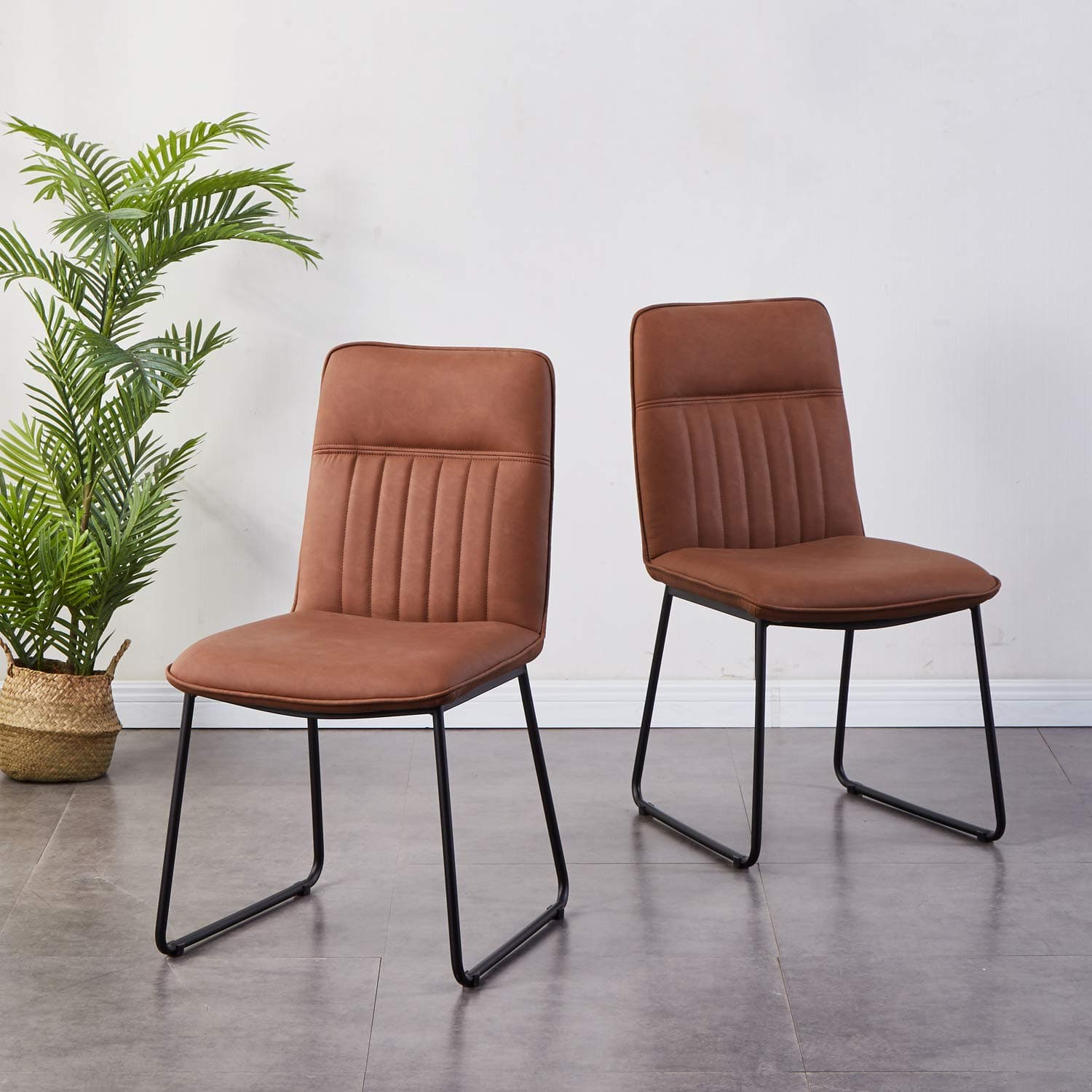 AINPECCA Set of 2 Faux Leather Dining chairs PU Upholstered seat with Metal legs (Brown, 2)