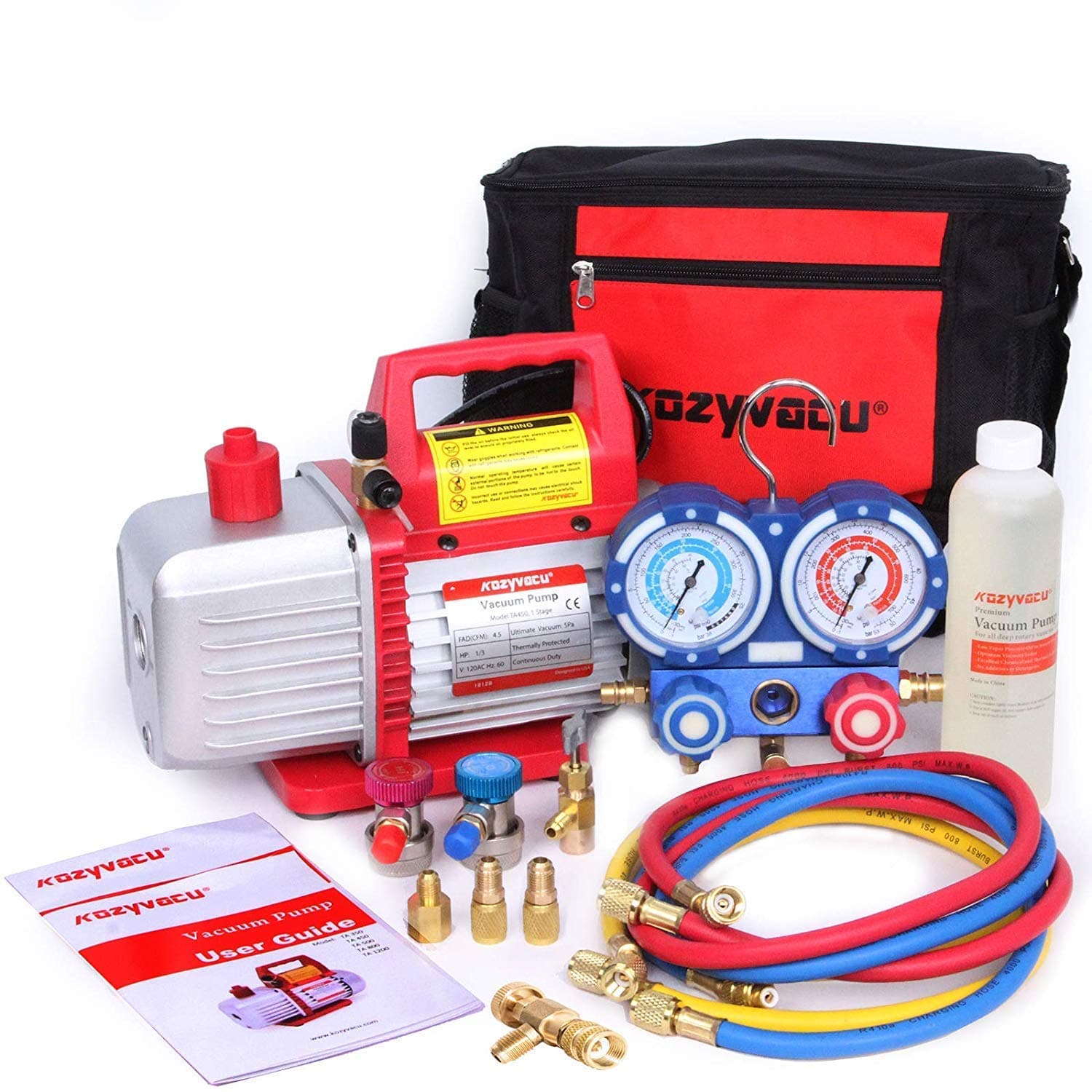 Mini Split/HVAC/AUTO AC Repair Complete Tool Kit - Includes 1-Stage 4.5 CFM Vacuum Pump, Manifold Gauge Set, Hoses and Accessories, Perfect for AC Recovery and R134a Refrigeration