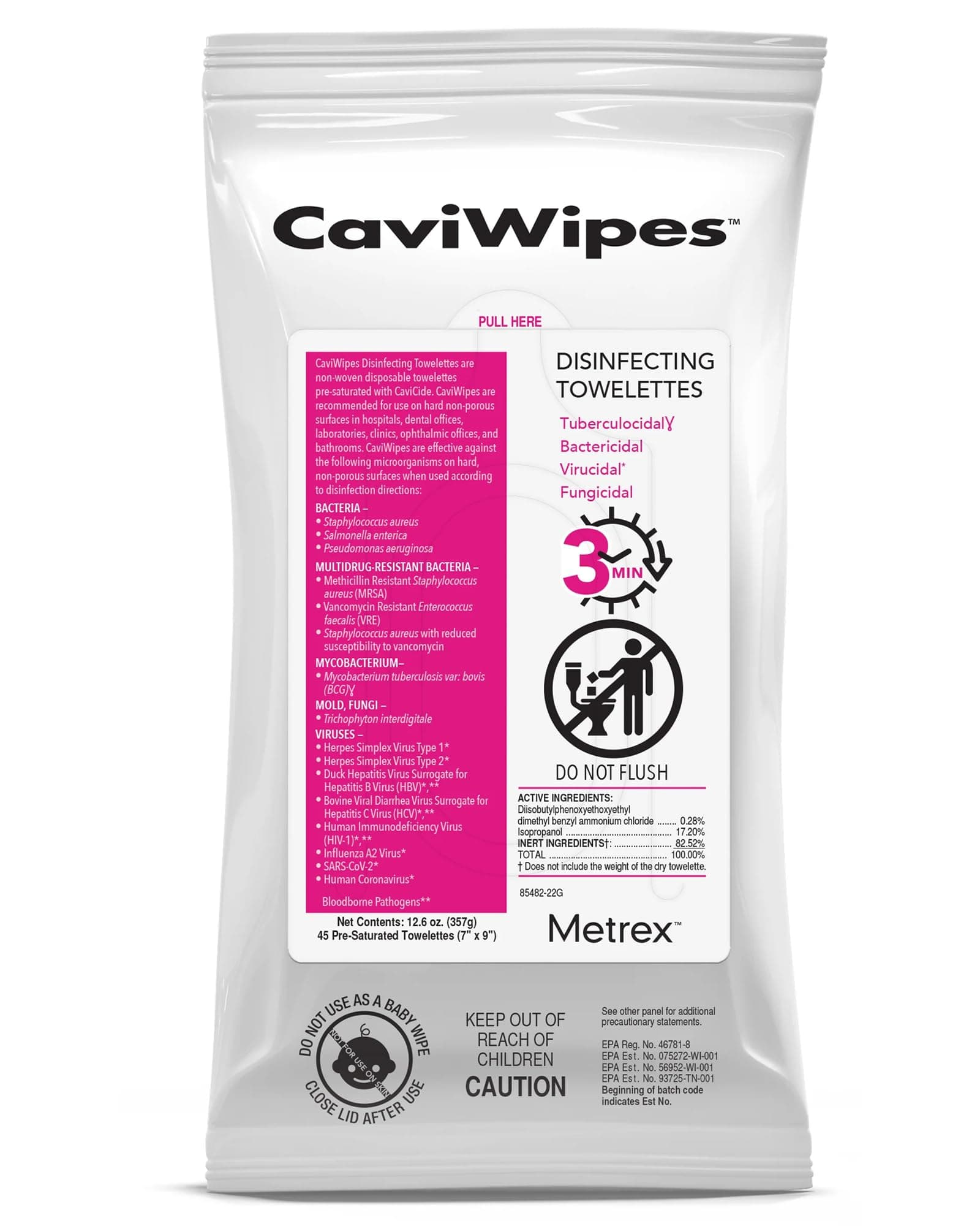 13-1224 CaviWipes Surface Disinfectant Wipe, 2.75" Width, 3.5" Length (Pack of 45)