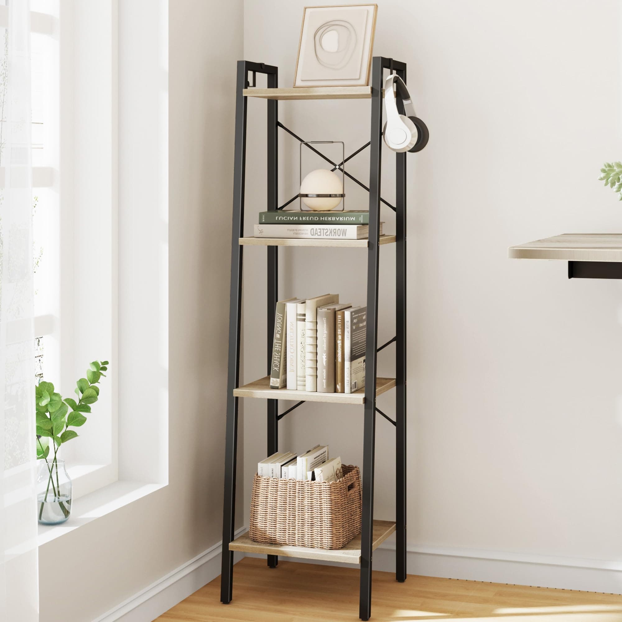 Ladder Shelf, Bookshelf Bookcase, Freestanding Corner Storage Shelve with 2 Hooks for Home Office, Living Room, Kitchen, Bedroom, Industrial, 4-Tier Greige BC13205B