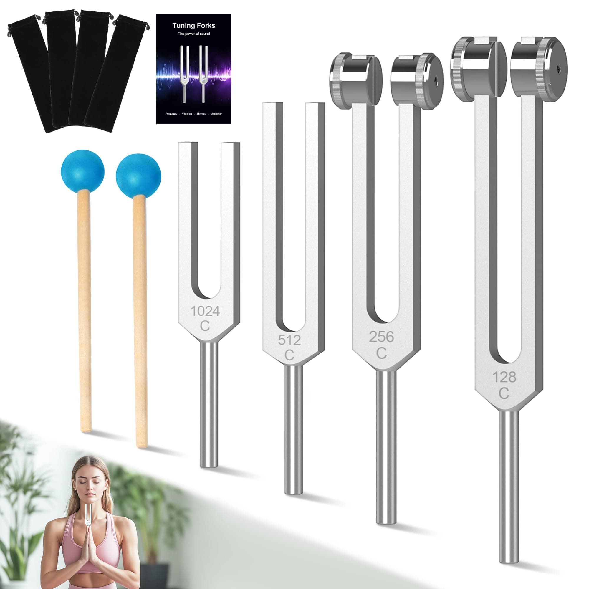 Tuning Fork Set 4pcs 128Hz, 256Hz, 512Hz, 1024Hz with Accessories for Yoga and Meditation,Relaxing Experience Brought by Sound Vibration