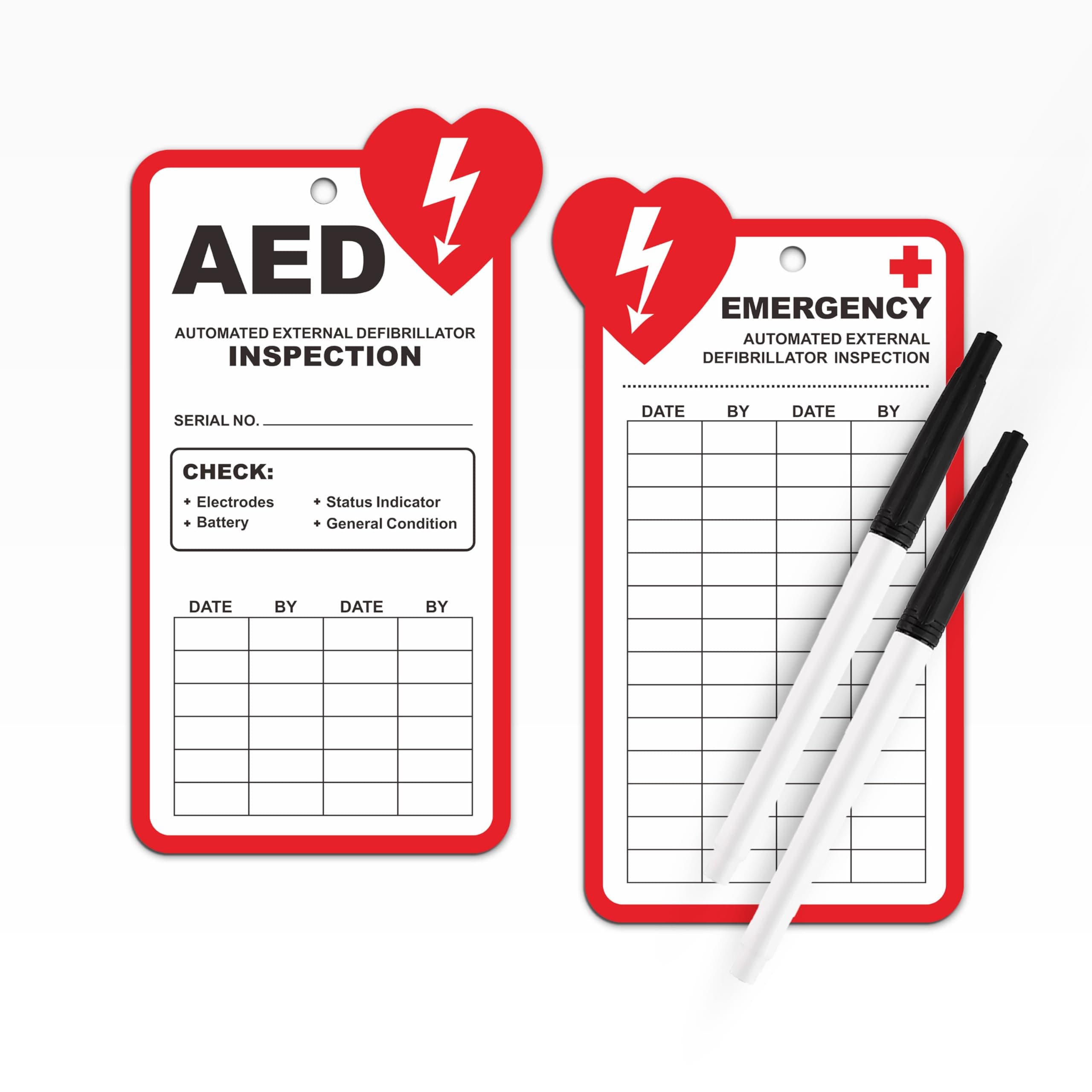 AED Inspection Tags, 25 Pack with Zip Ties, 30 mil Plastic, OSHA Tearproof Waterproof Record Cards