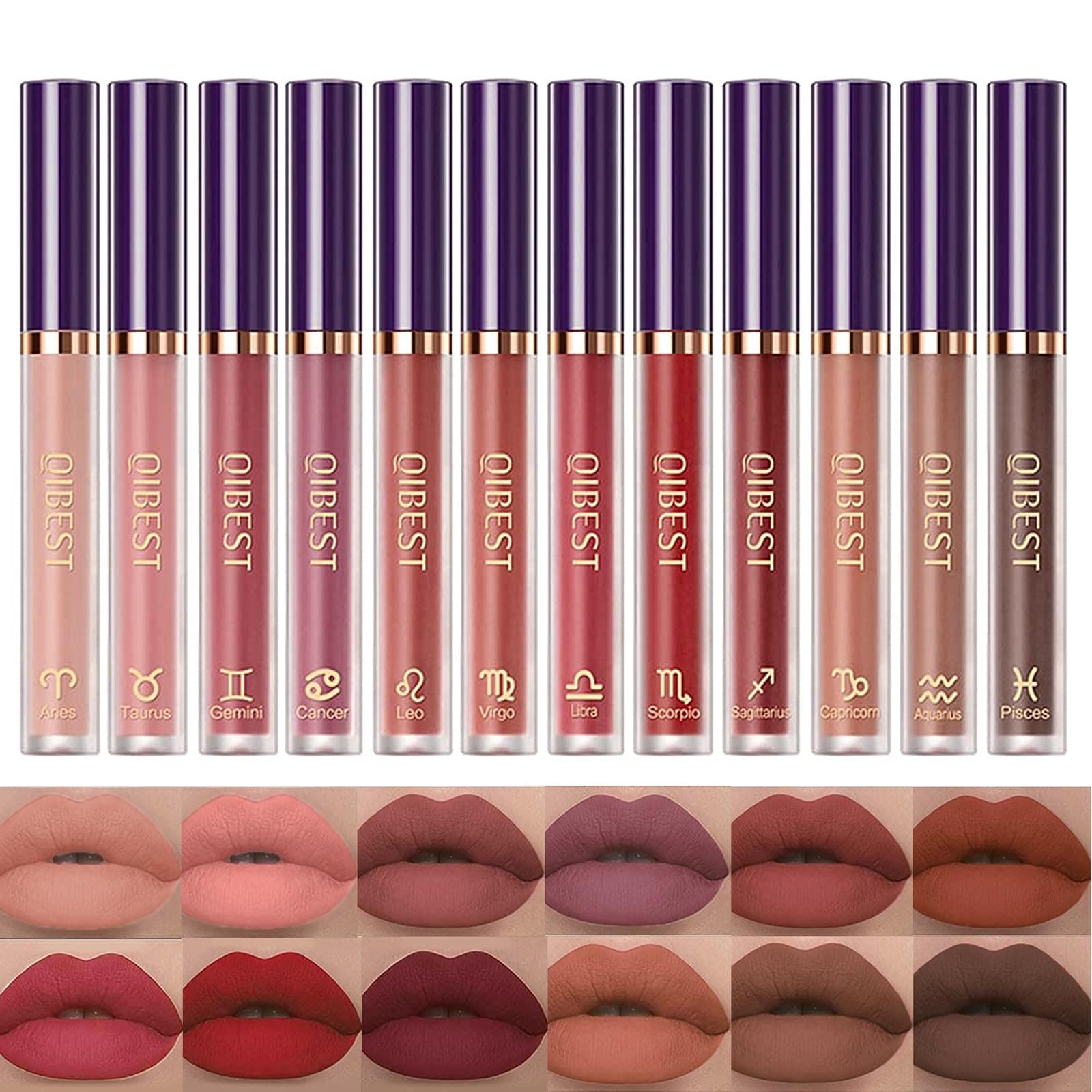 Heart Crush Lip Glaze Ink, Vivid Colour Lipstick, Juicy & Glossy Finish, Long-lasting, Moisturising, Highly-Pigmented, Clear & Natural Make-Up, Lipstick Lip Gloss for Daily Use, Pack of 12