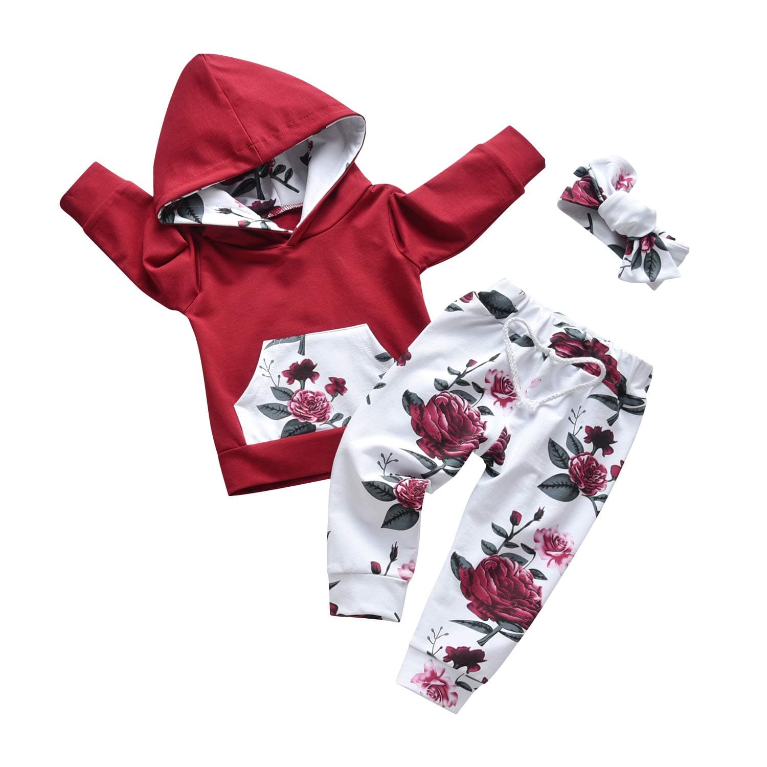 TinykekeToddler Baby Girl Long Sleeve Hoodie Sweatshirt Tops + Floral Pant and Headband Infant Baby Girls Clothes Set