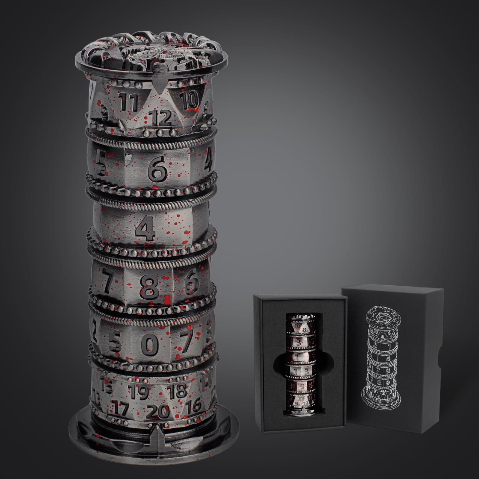 Prayer Wheel Dice Set, Rotating Metal Dice Cylinder for DND, 7-in-1 Polyhedral Spinner Dice - Unique RPG Accessory & Gift for Gamers and Dungeon Masters (Sliver Blood Spot)