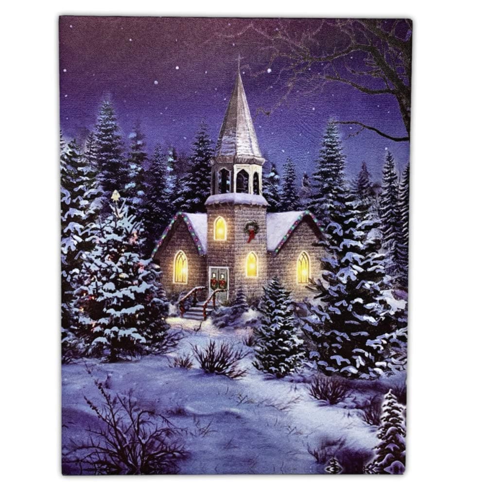 BANBERRY DESIGNS Church with Steeple in Woods Lighted Canvas Print - Snow Flocked Trees - Church At Night with Lights in the Windows - Christmas Winter - 15.75" H x 11.75" W