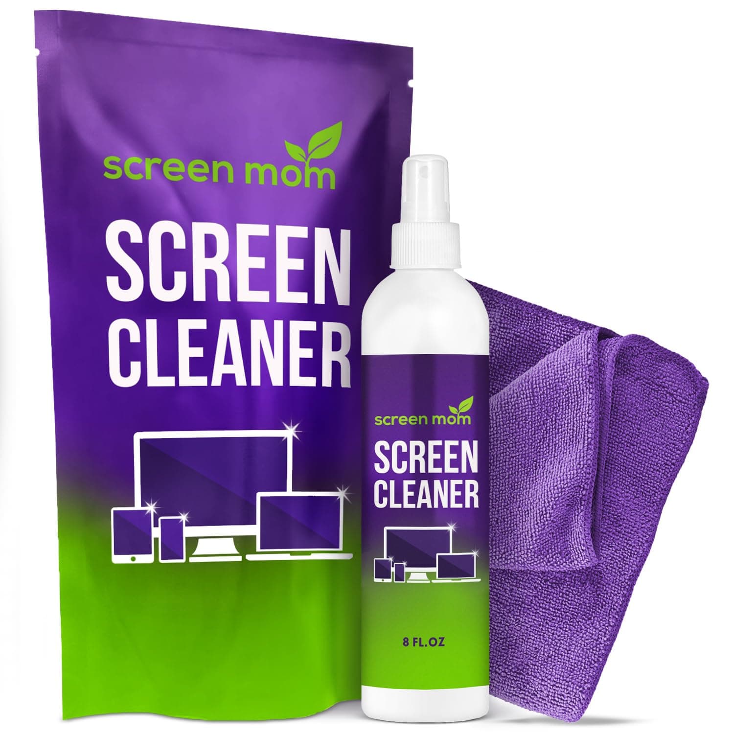 Screen Mom Cleaner Spray and Microfiber Cloth 8oz, Streak-Free Car Screen Cleaner Spray and Wipe for TV, Computer, Car, Phone, iPad, MacBook Laptop Cleaning Kit Electronic Devices Phone Cleaners