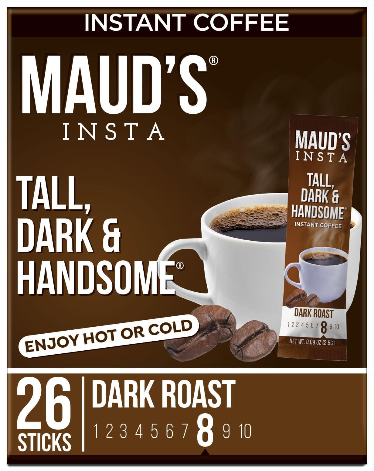 Maud's Dark Roast Instant Coffee Packets Single Serve, 26 ct | Tall Dark & Handsome | 100% Arabica Dark Roast Coffee Solar Energy Produced | Instant Coffee Powder Travel Packs