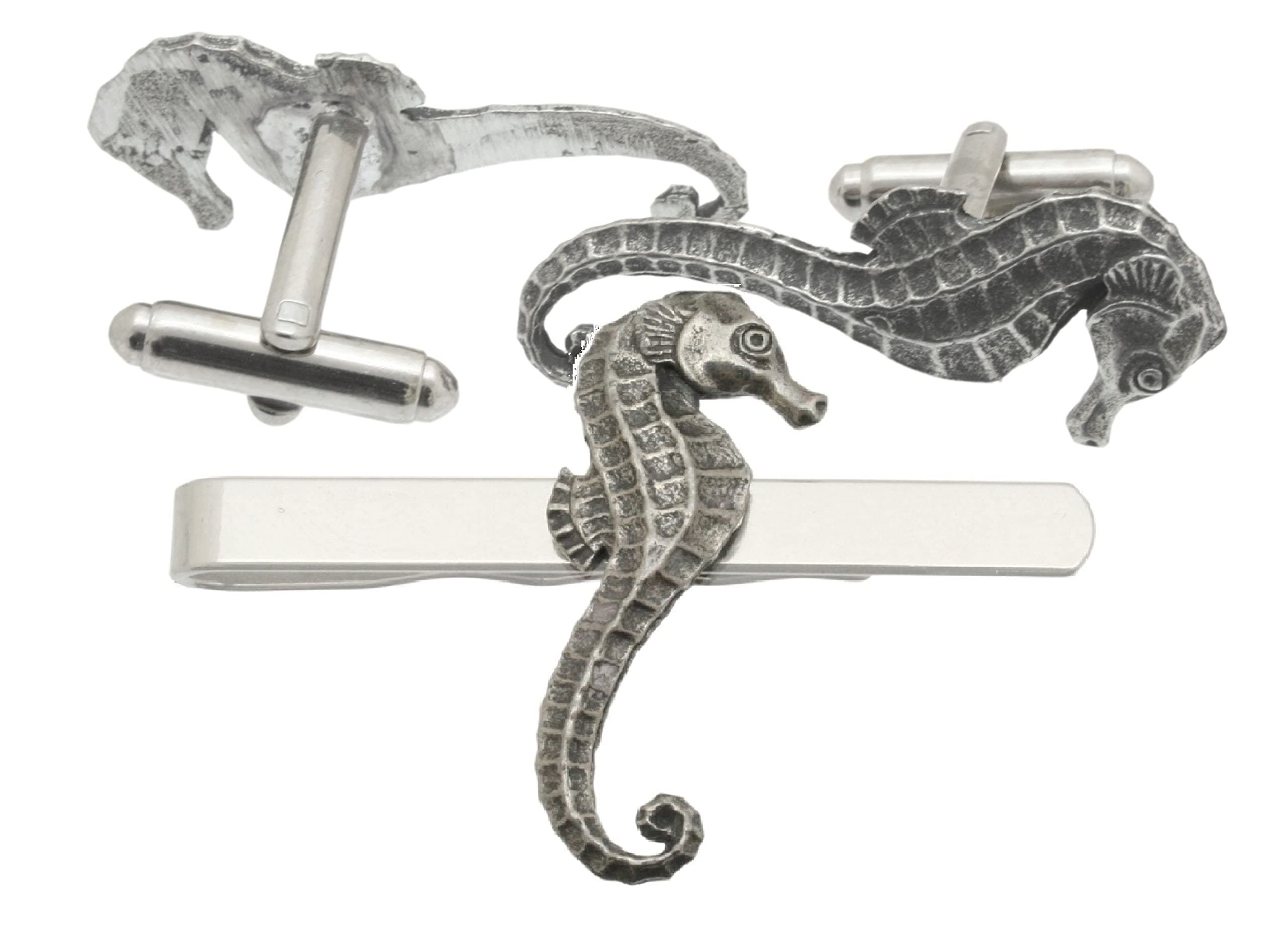 Sea Horse Pewter Cufflinks & Tie Bar Set Wedding Jewellery Novelty Gift Boxed TBC 316